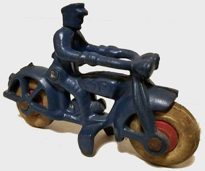 Rare 1930s Hubley cast iron motorcycle toys with Popeye driver