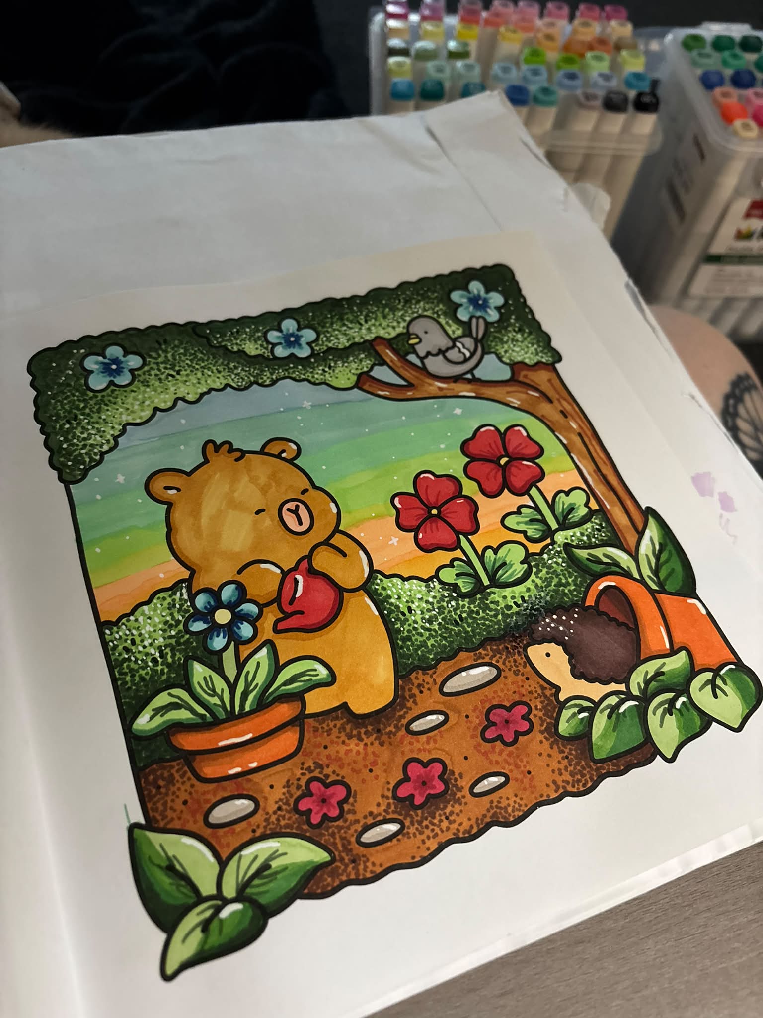 Finished my first coloring page with a whimsical garden scene