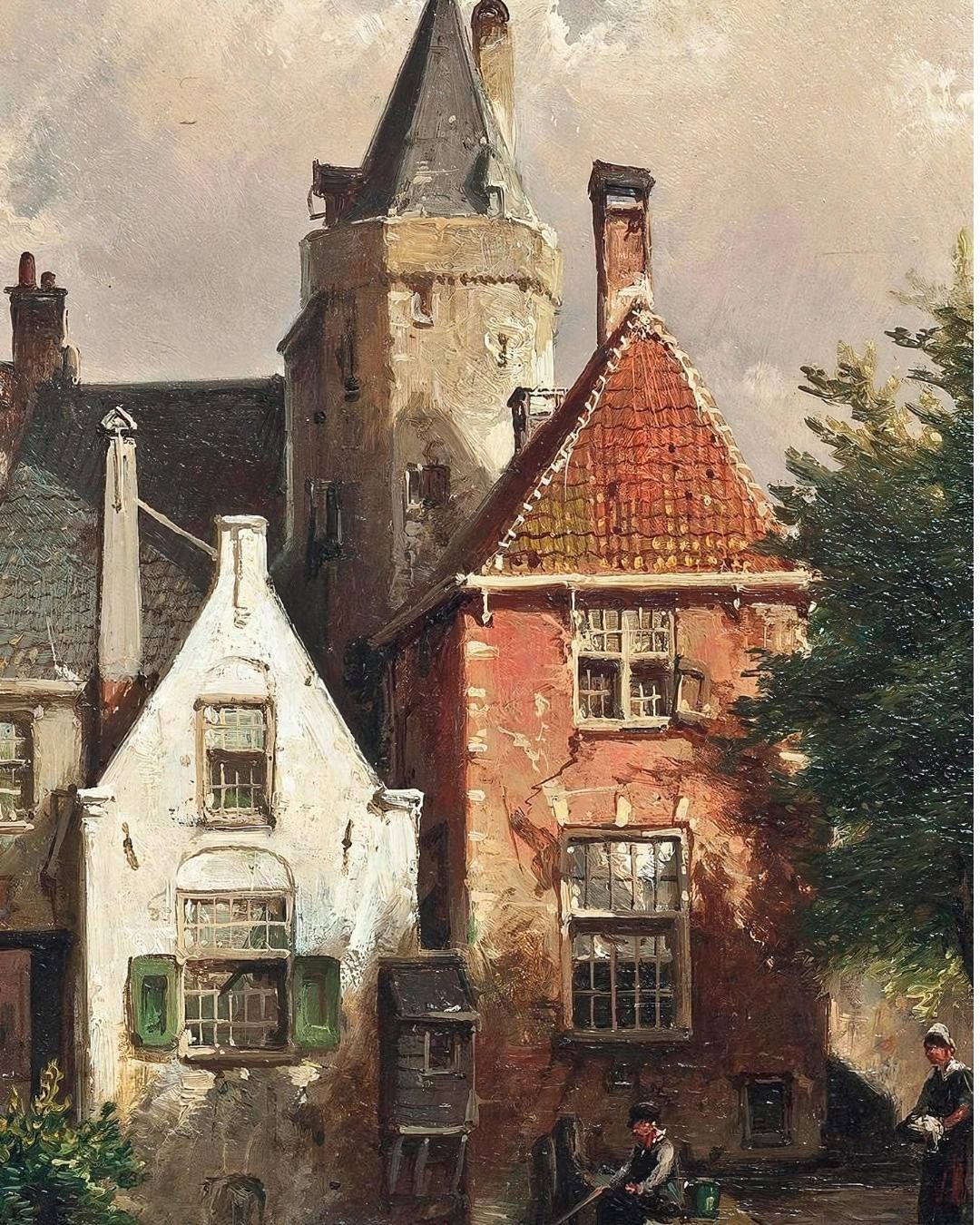Dutch canal scene painting by 19th century artist