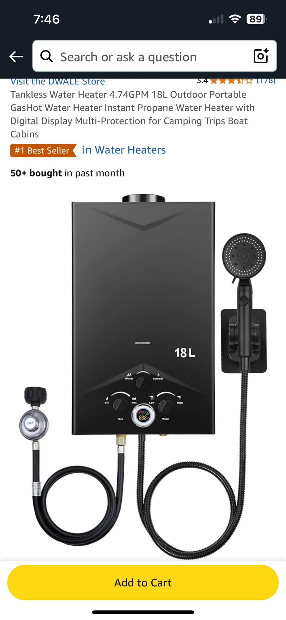 18L Tankless Propane Water Heater - 4.8 GPM, 36KW, Outdoor Portable Instant Hot Water For Camping, Boats, Cabins, With Digital Display