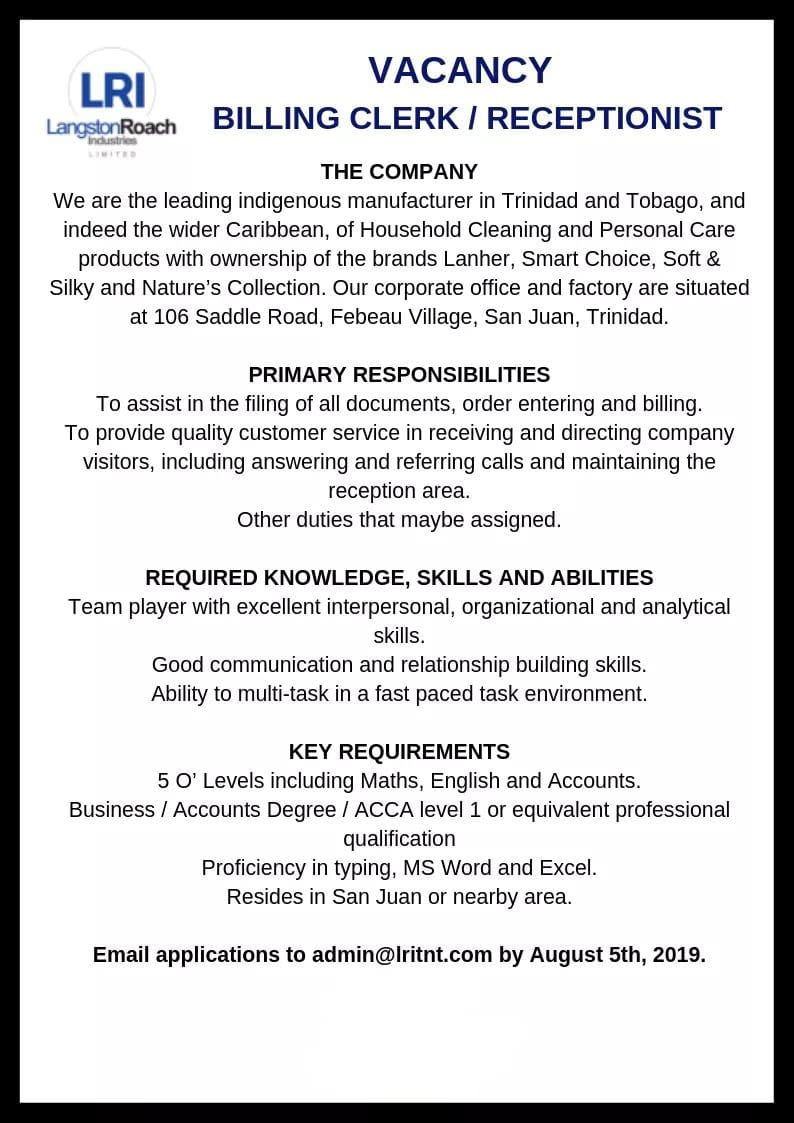 Prime Jobs T T Vacancy Billing Clerk Receptionist Facebook