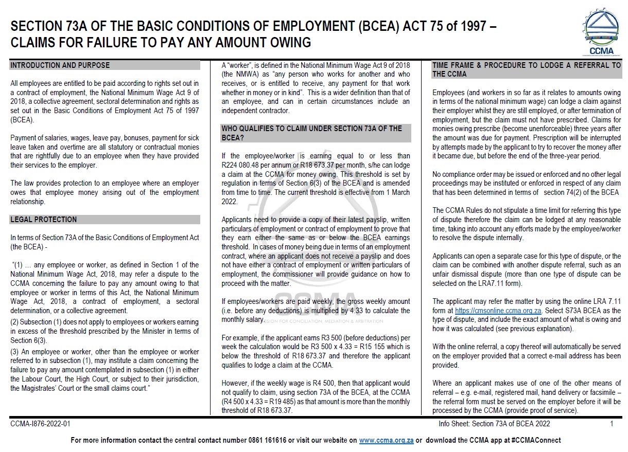 CCMA SA - Payment of salaries, wages, leave pay, bonuses,...