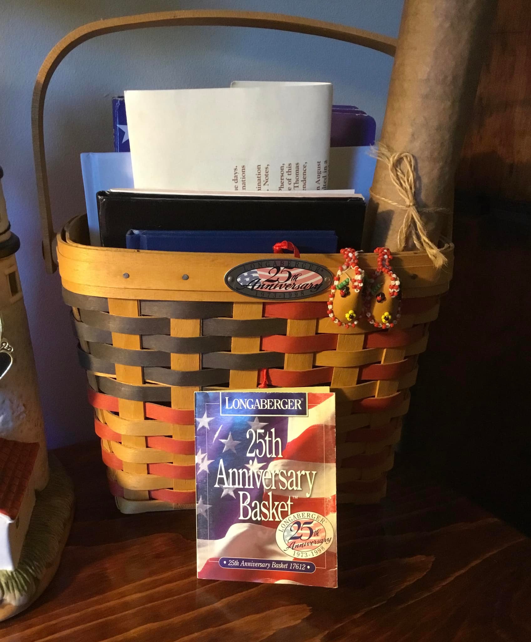 Displaying Longaberger 25th anniversary basket with patriotic 