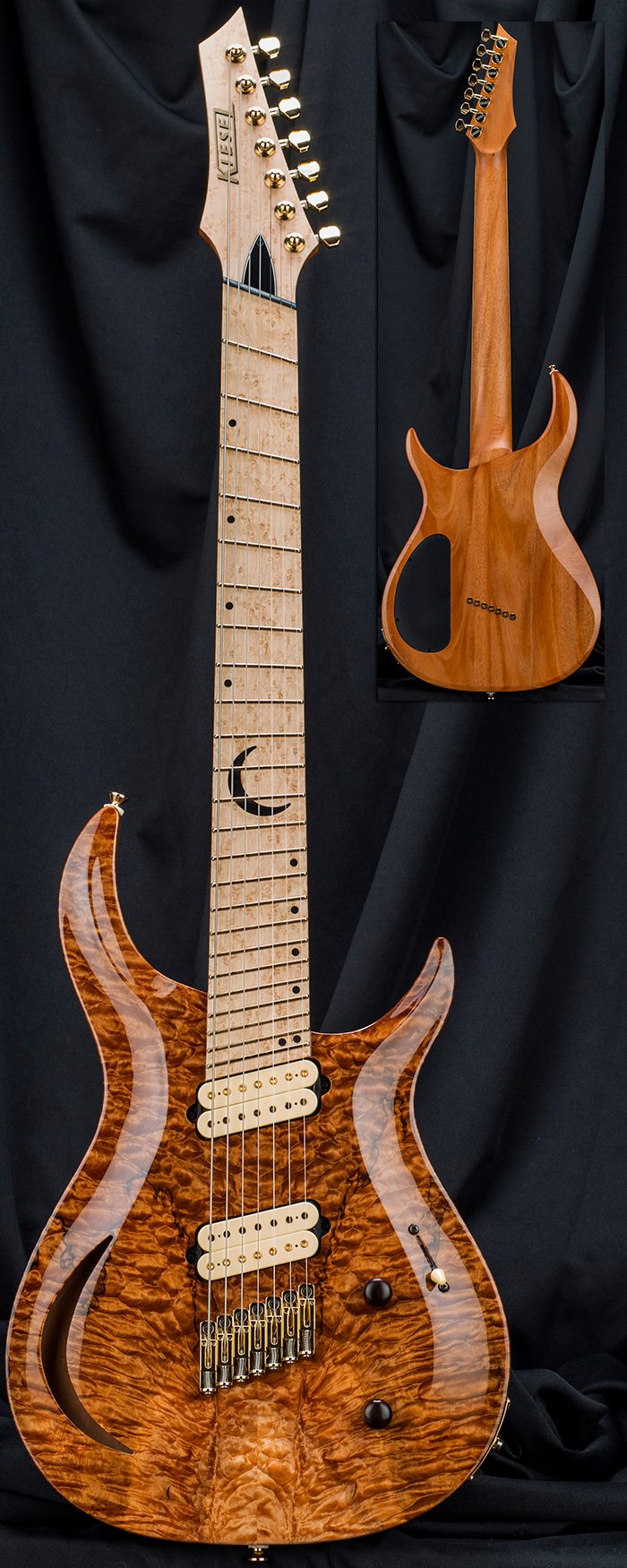Kiesel Guitars' insane crescent with 6a chocolate maple top
