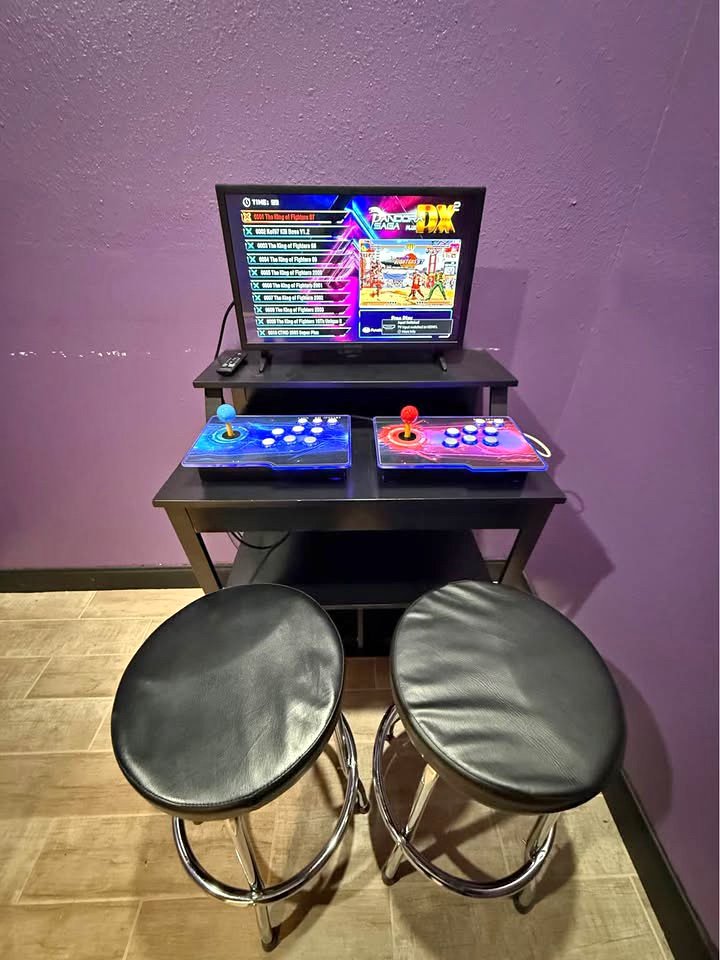 Retro Arcade System w/ 2-Player Controls + 24” TV & Stand & Stools ...