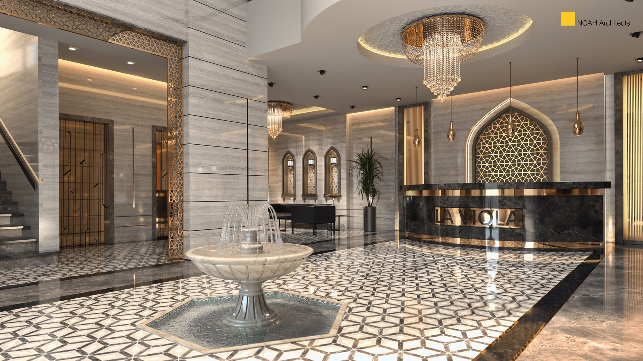 NOAH Architects - The interior design of a hotel lobby in...