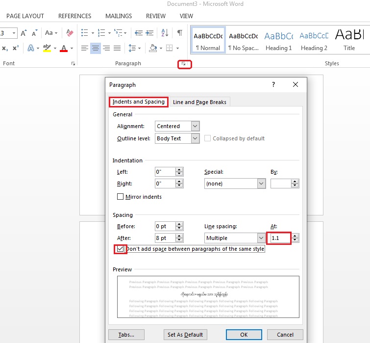 Mgtun - ၆။ Paragraph Dialog Box ကိုဖွင့်လိုက်ပါ။ Don’t add space တွင်အမ ...