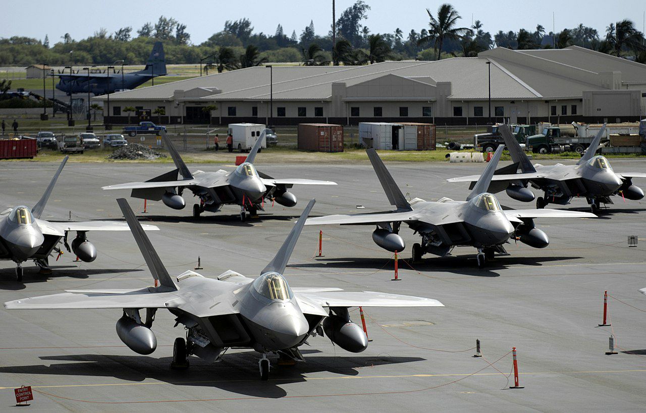 F-22 with drop tanks in transit to Kadena Air Base, Japan, from