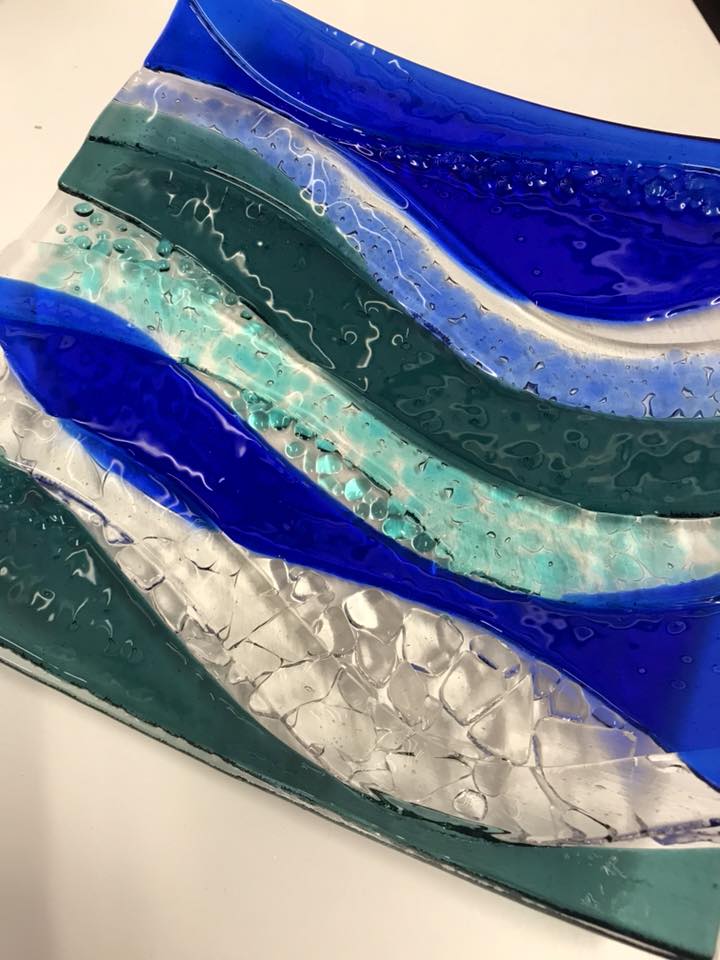 Fused glass plates - playing with squares Made by Marianne Bradman