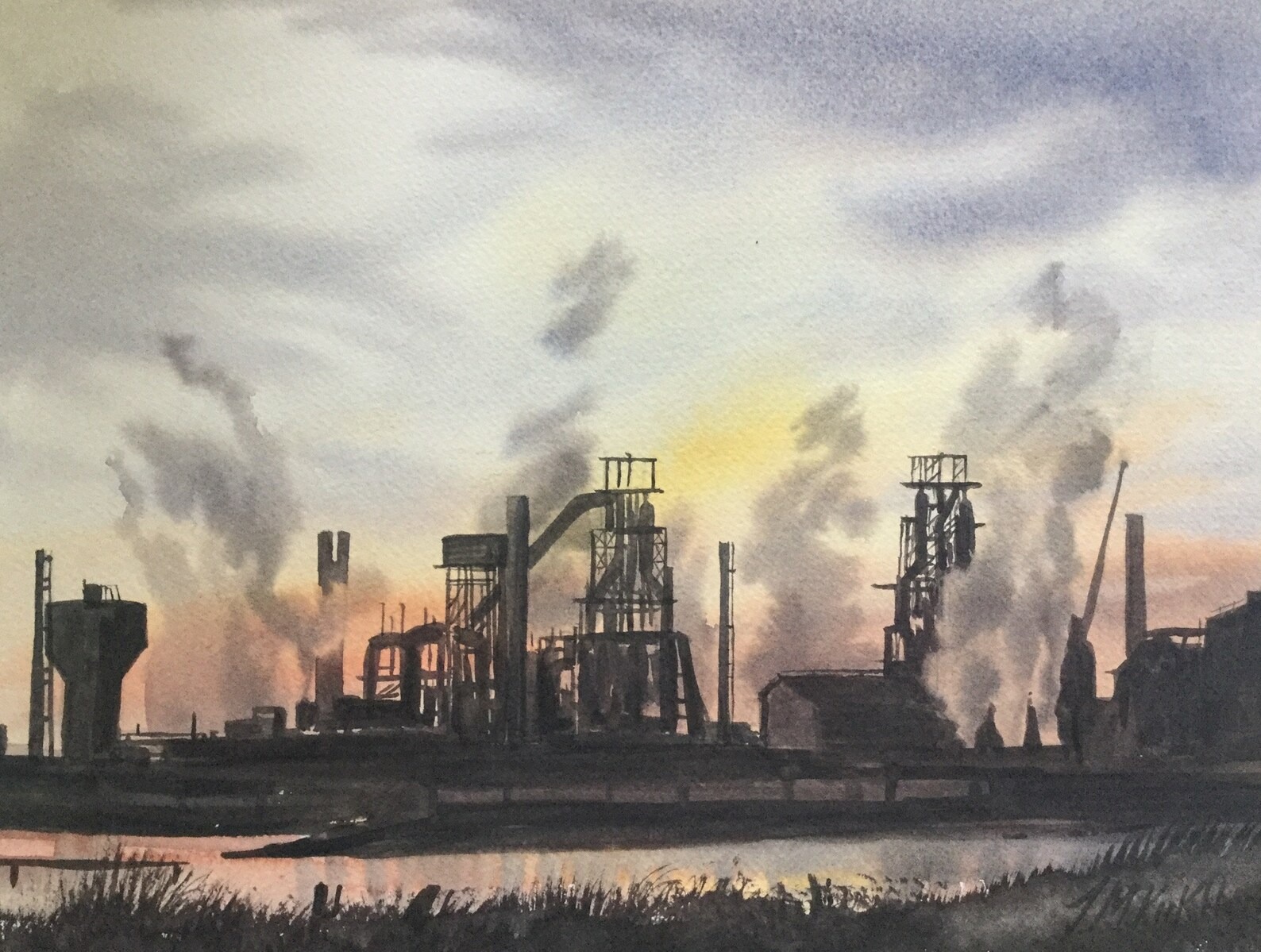 Watercolor painting of Bath Iron Works industrial landscape