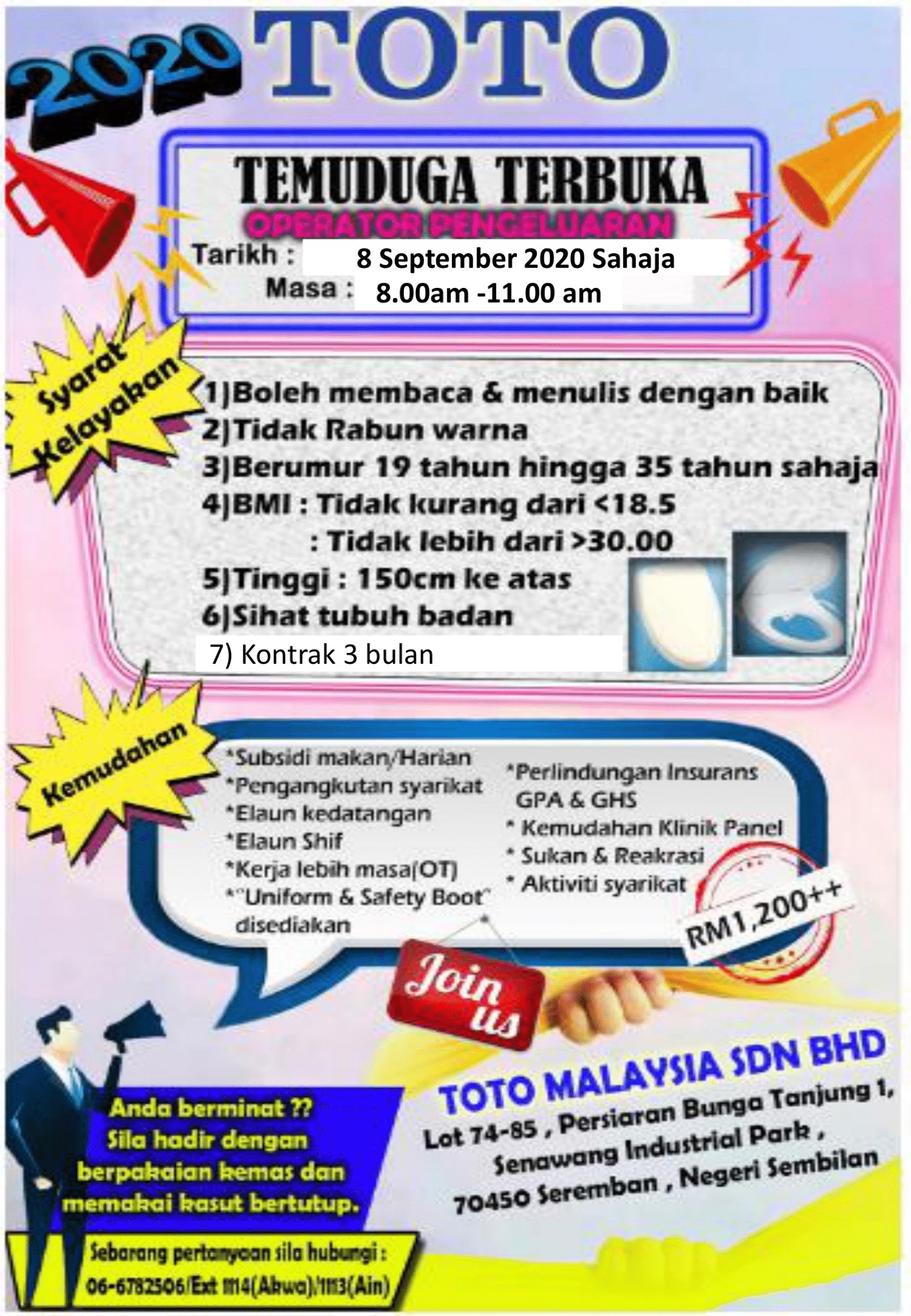 Negeri Sembilan Vacancy Update Temuduga Terbuka Toto Malaysia Senawang Pada 8 September Ini Bertempat Di Kilang Toto Malaysia Sdn Bhd Lot 74 76 80 81 84 85 Senawang Industrial Park 70400 Seremban Facebook