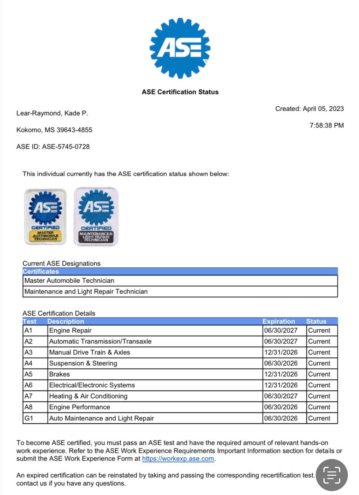 What are recertification options for ASE certified technicians?