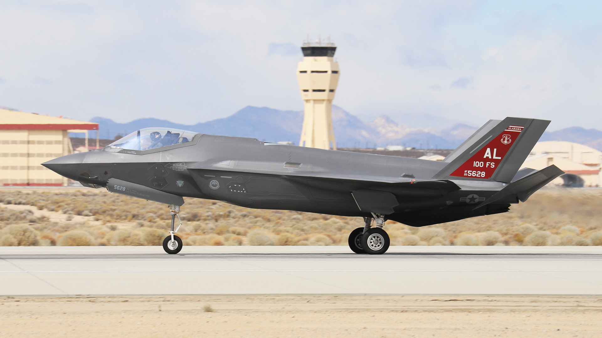F-35 with red tail on display at Maxwell AFB
