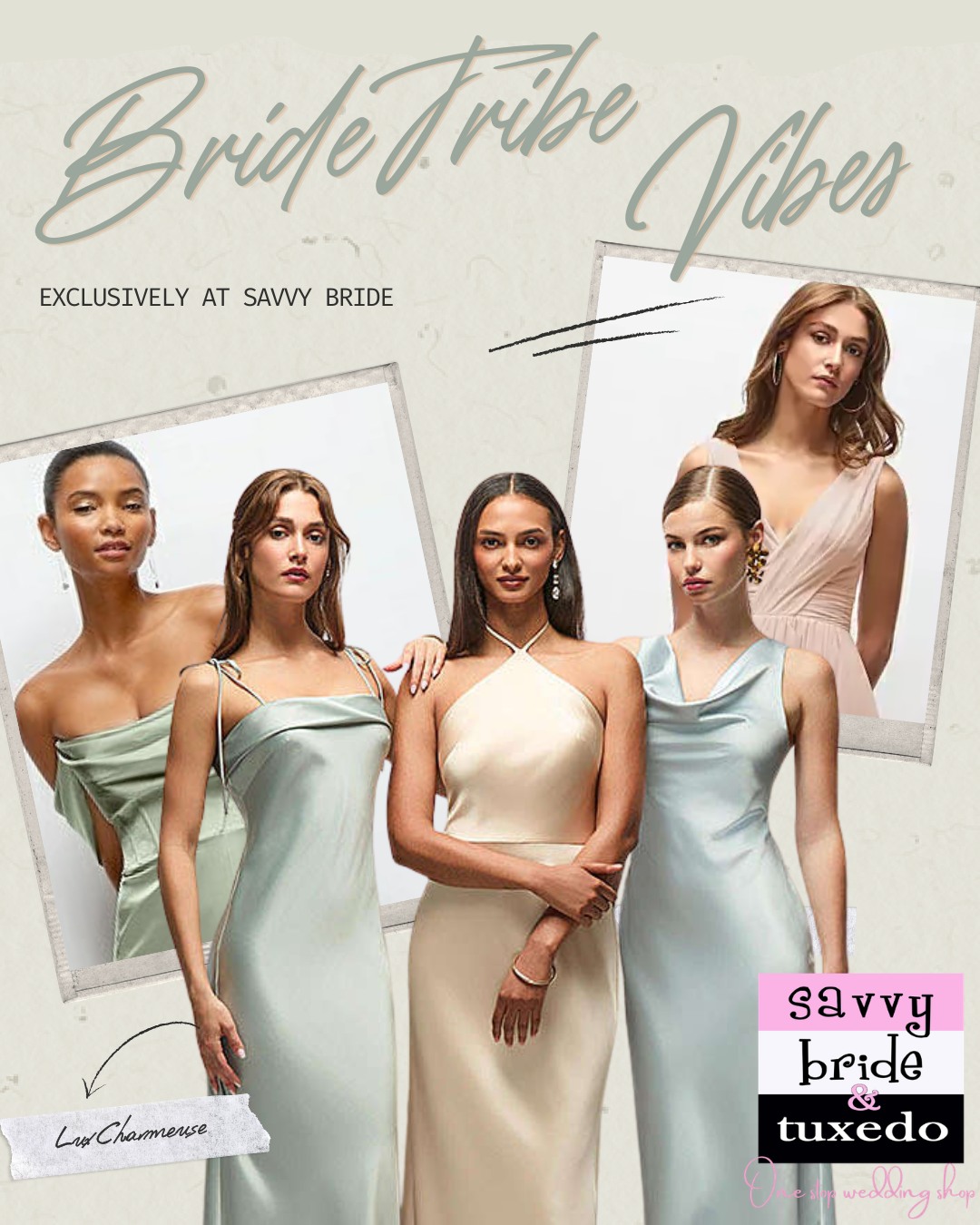 Bridesmaid dresses in soft sage, champagne, and icy blue at Savvy Bride