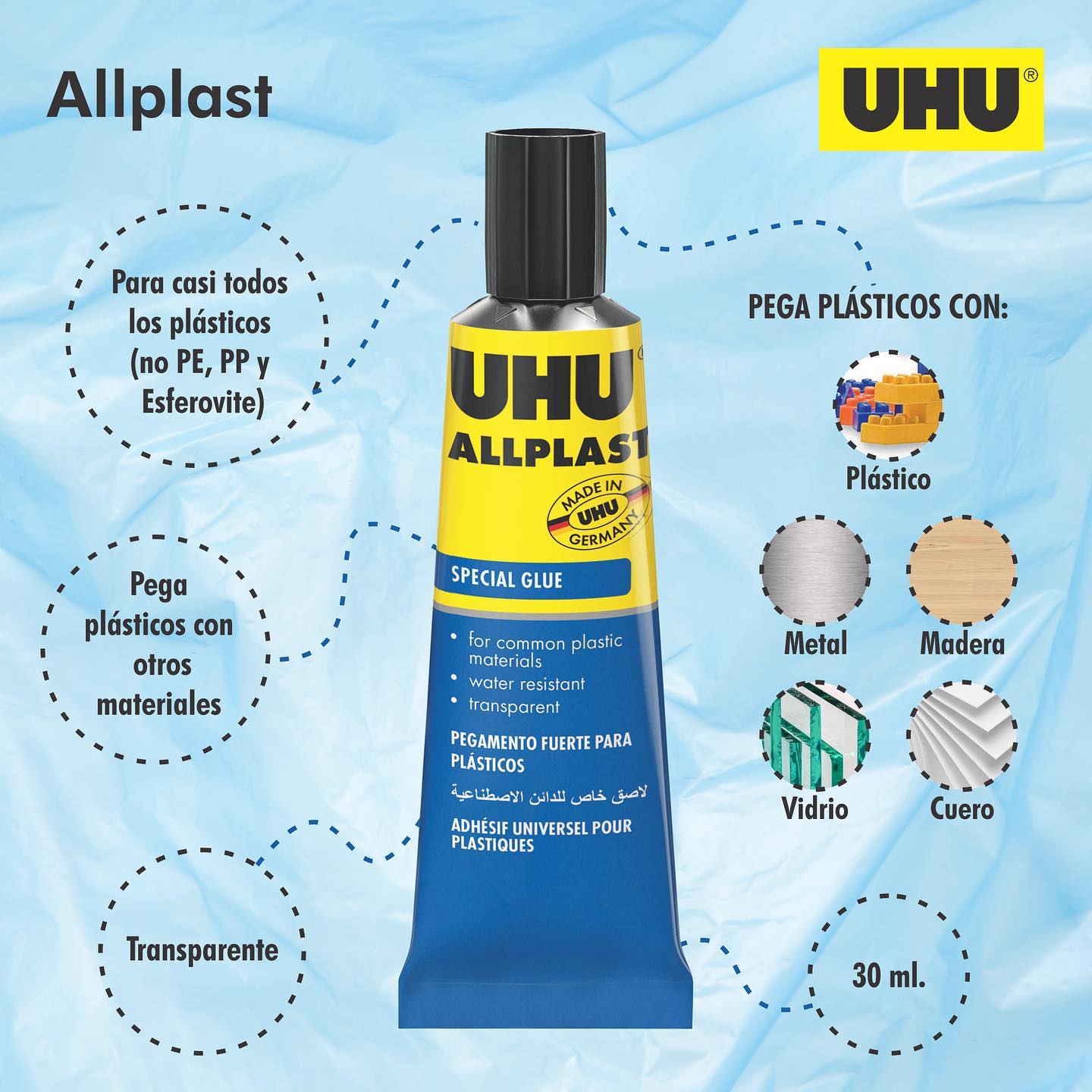 ConociendoUHU .. UHU AllPlast®️ es el pegamento para casi todo tipo de plásticos. 💪🏻Fuerte pero flexible, con características termoplásticas. Resistente al agua, al alcohol y al aceite 🌟Puede usarse