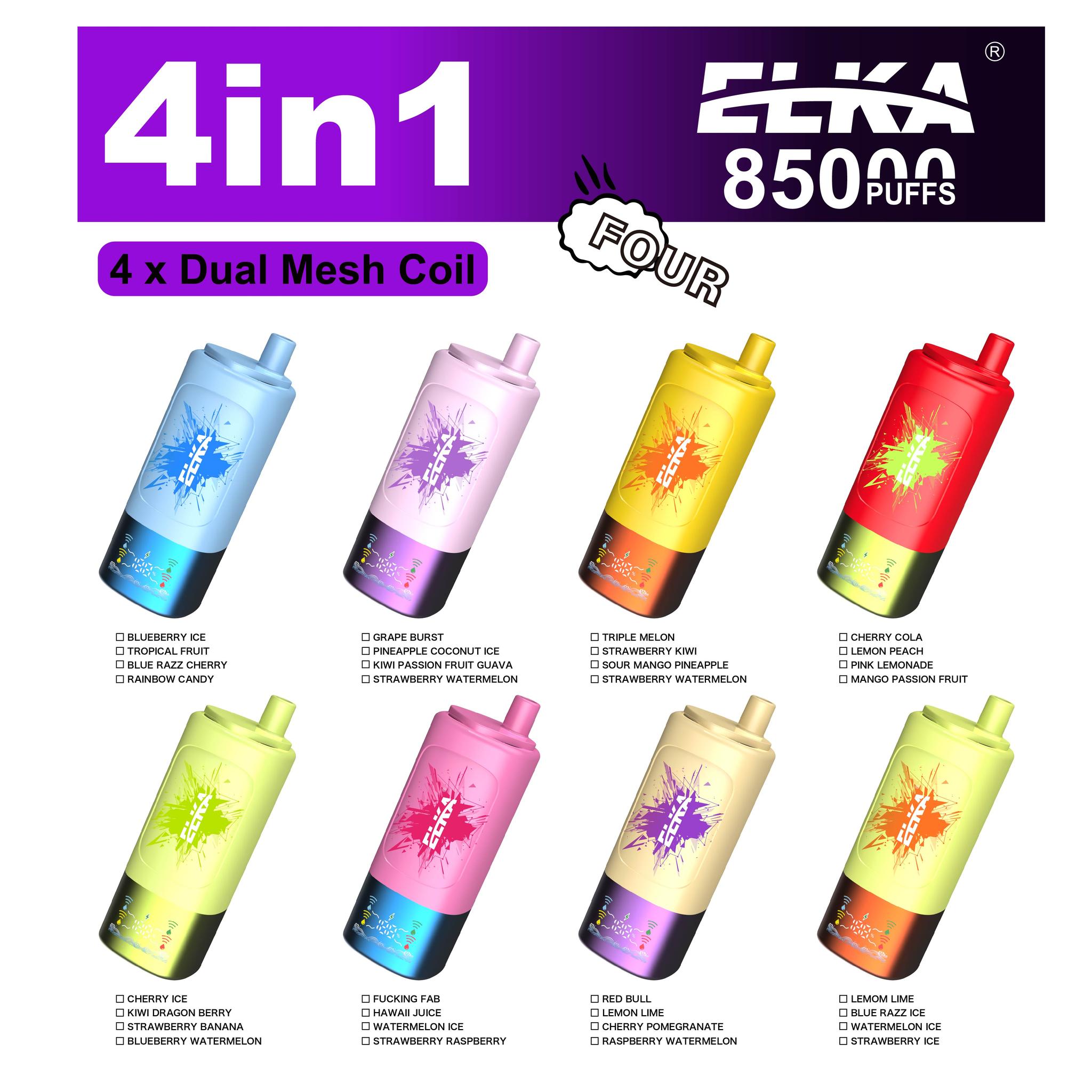open hyve 5k x sorbet disposable vape: ELKA 4 in 1 up to 85000 puffs stock stock stock !!!!😍😍😍 1. 1 device+4 pods 2. 4*15ml =60ml juice 3. 1000mah battery 4. up to 85000 puffs 5. type-c charge 6 Flavor & Nicotine:Menthol No. 1 - 18mg shatterizer vape pen myFlavor Adjust Vape 40K