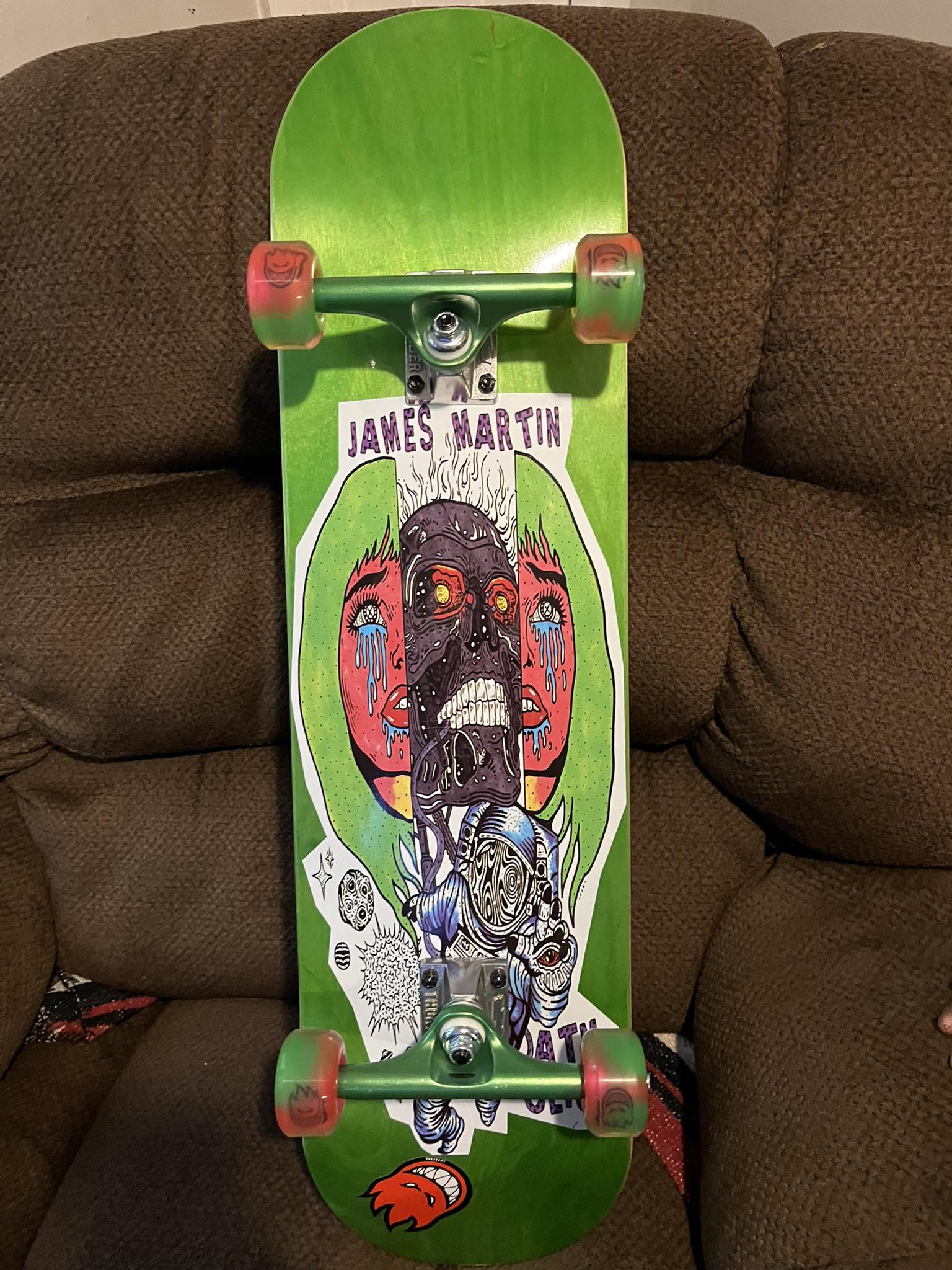 Skater's updated setup with Thunder trucks and Spitfire wheels