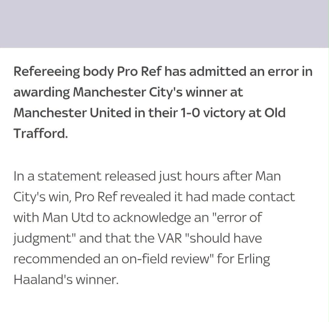 Awarding Man City's winner at Man Utd an error, admits refereeing body