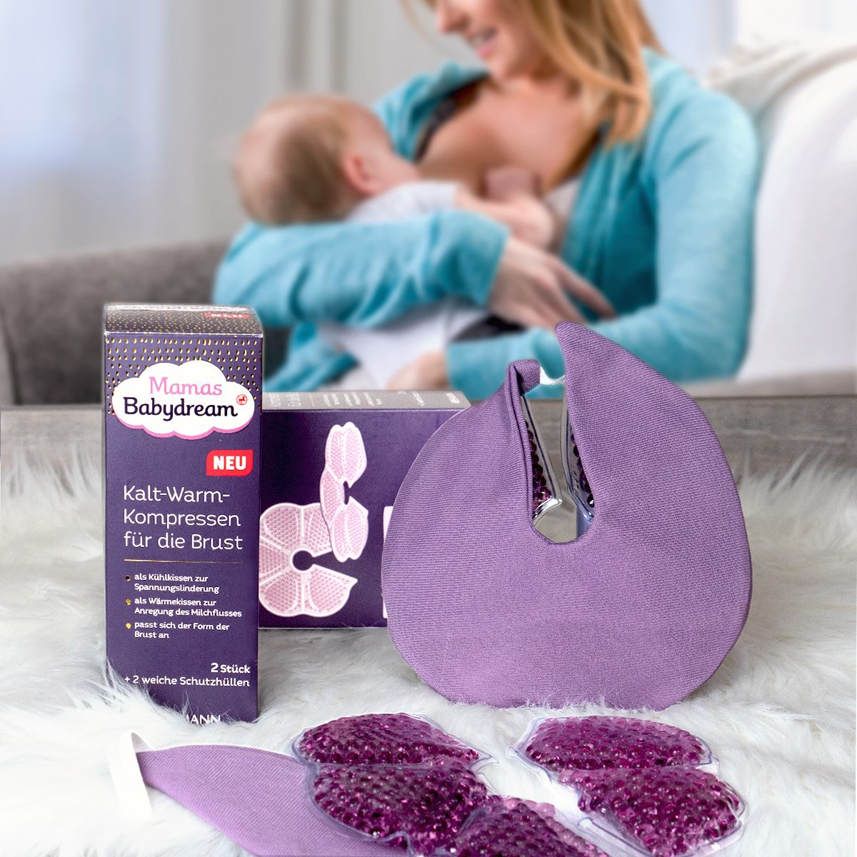 Wenn die Brust mal wieder schmerzt, können Kalt-Warm-Kompressen schnell Abhilfe schaffen. Die Babydream Kompressen passen sich nicht nur der Form der Brust an, sondern tragen als Kühlkissen zur Linder