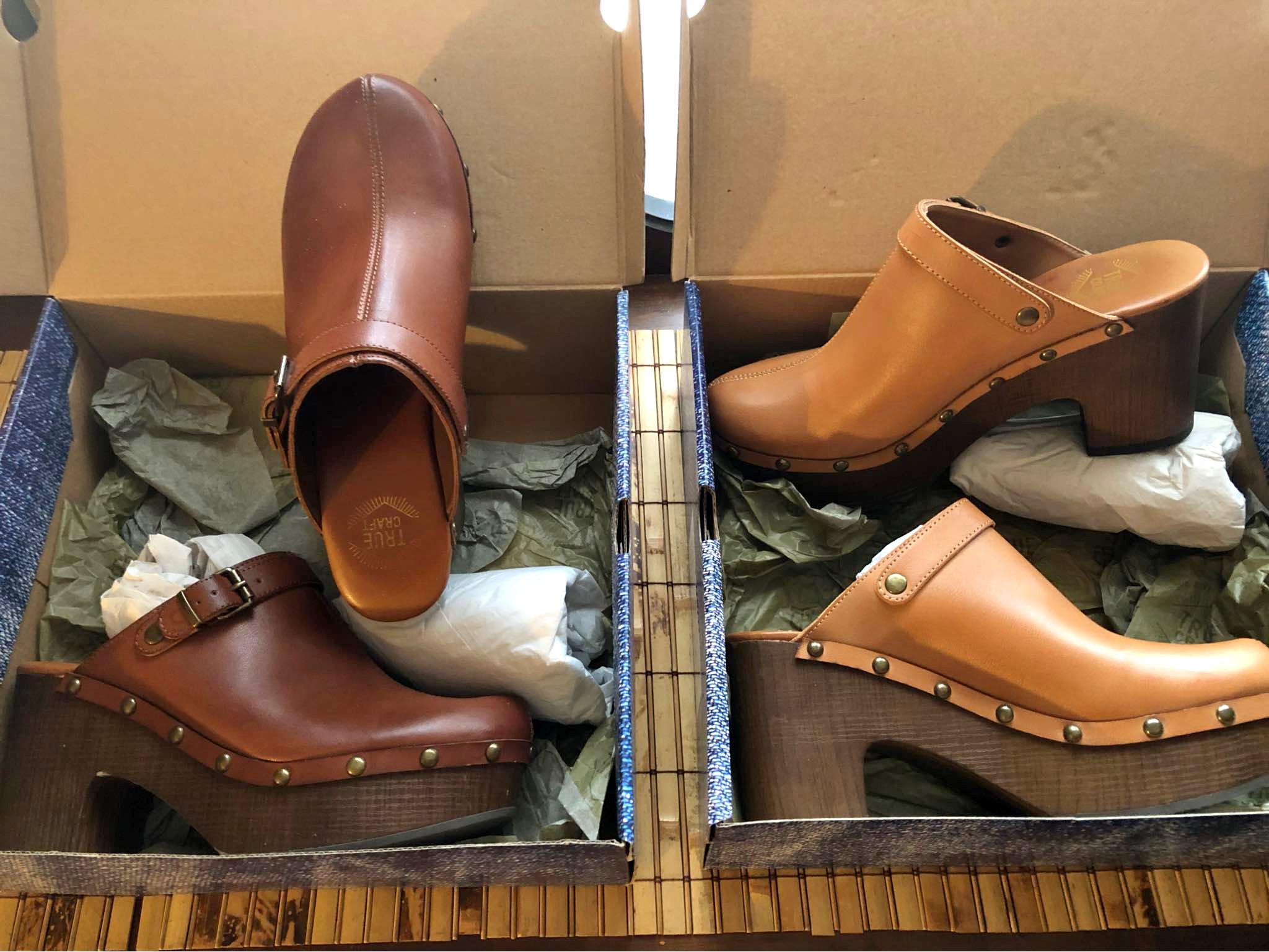 2 pair of Tan & Brown leather woman’s size 8.5 clogs w/4 inch wood heel ...