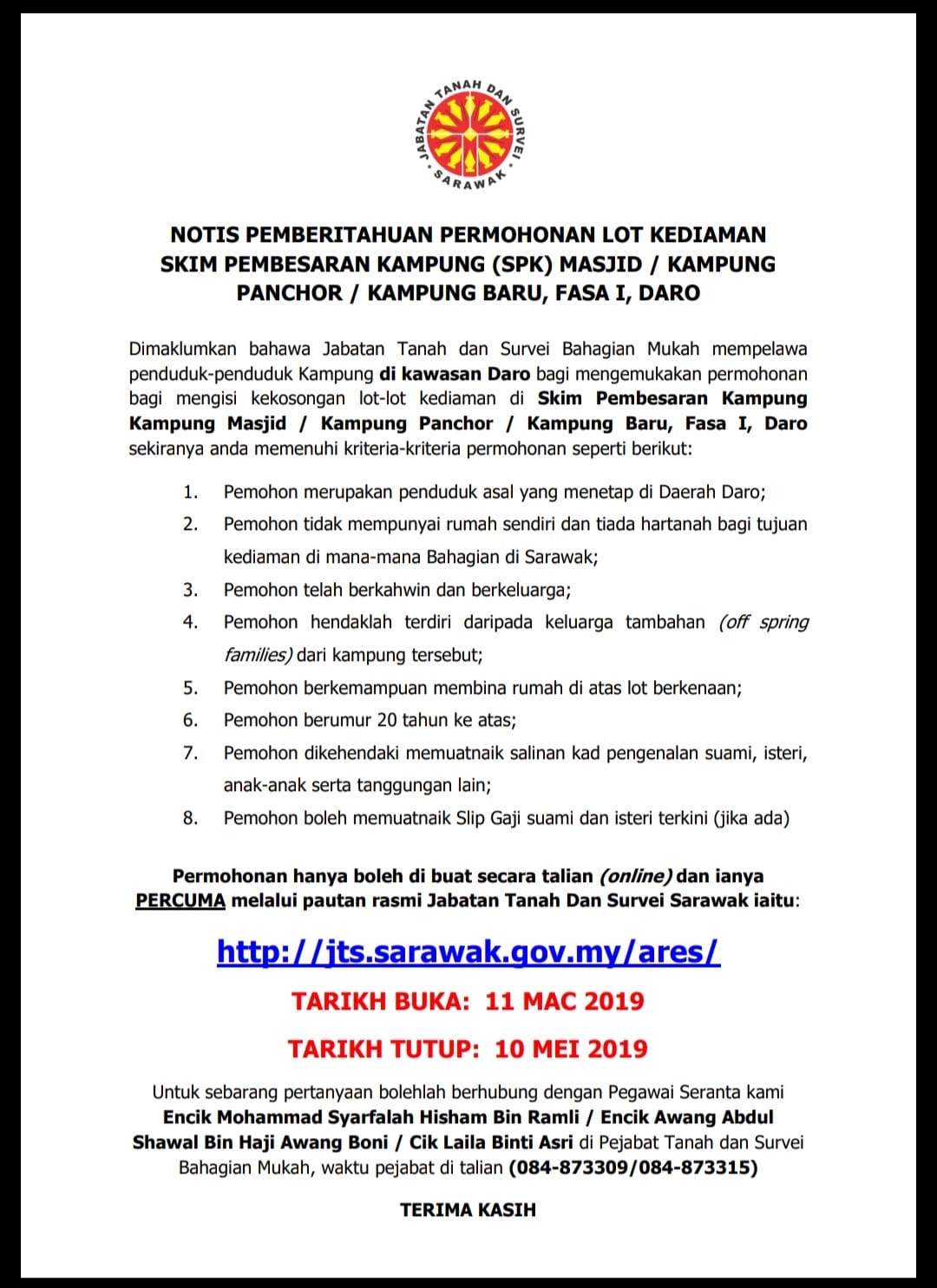 Dun N 43 Daro Notis Pemberitahuan Permohonan Lot Kediaman Skim Pembesaran Kampung Spk Masjid Kampung Panchor Kampung Baru Fasa 1 Daro Klik Link Di Bawah Untuk Permohonan Http Jts Sarawak Gov My Ares N43daro Sasa