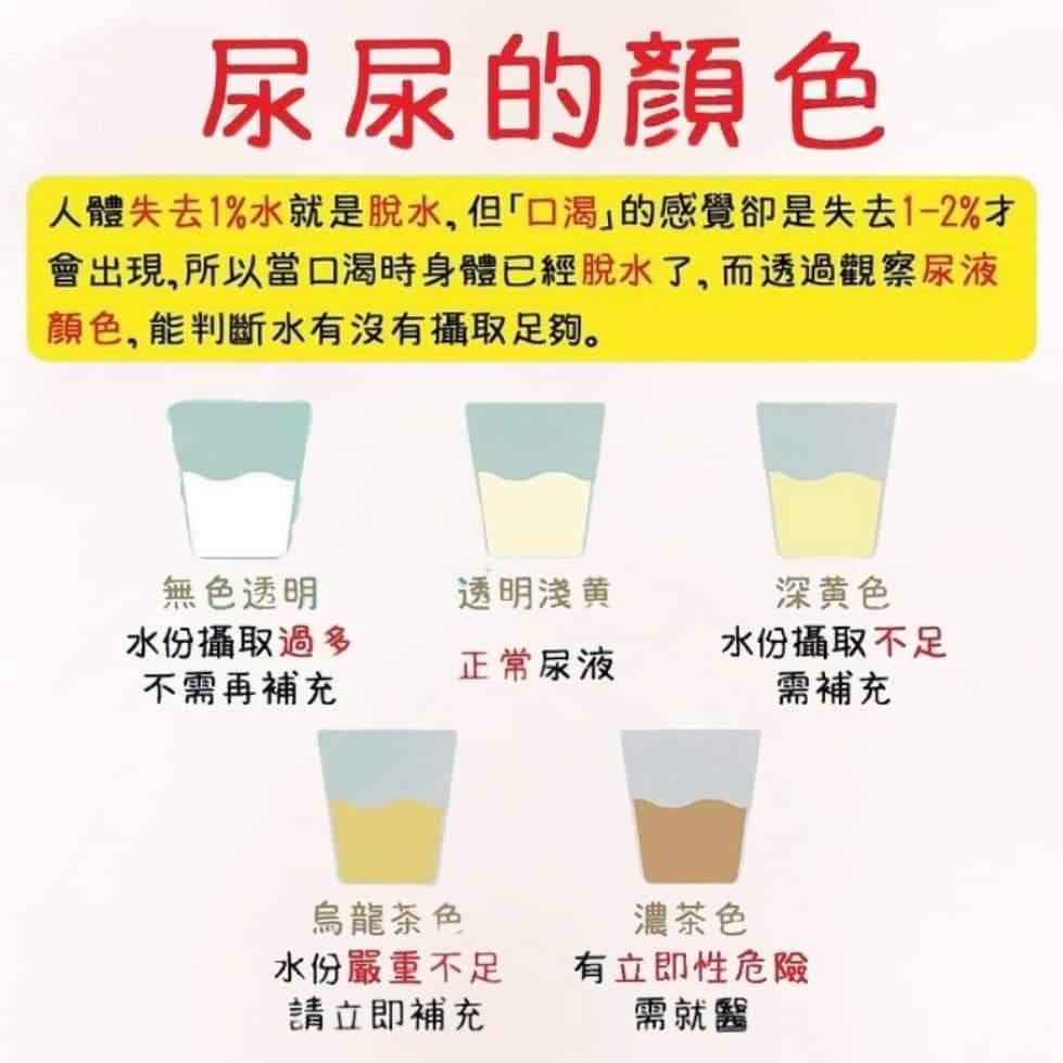 你想要的健康 你做主 尿尿的颜色 人体失去1 的水份就是脱水 但是口渴却是失去1 2 以上的水份 从这边可以了解 当口渴时 身体已经脱水了 那到底要怎么判断水份该补充了呢 借由尿 液颜色判断 1 无色透明 表示水份摄取过多 不需再补充 2 透明