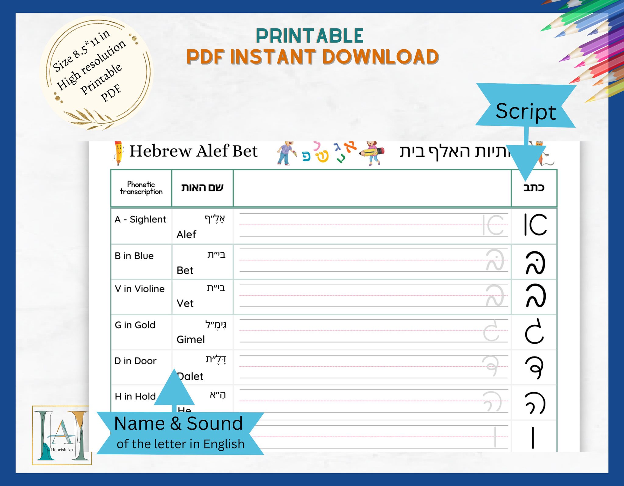 Hebrish Art - Hebrew Alphabet Letters Writing/Tracing...