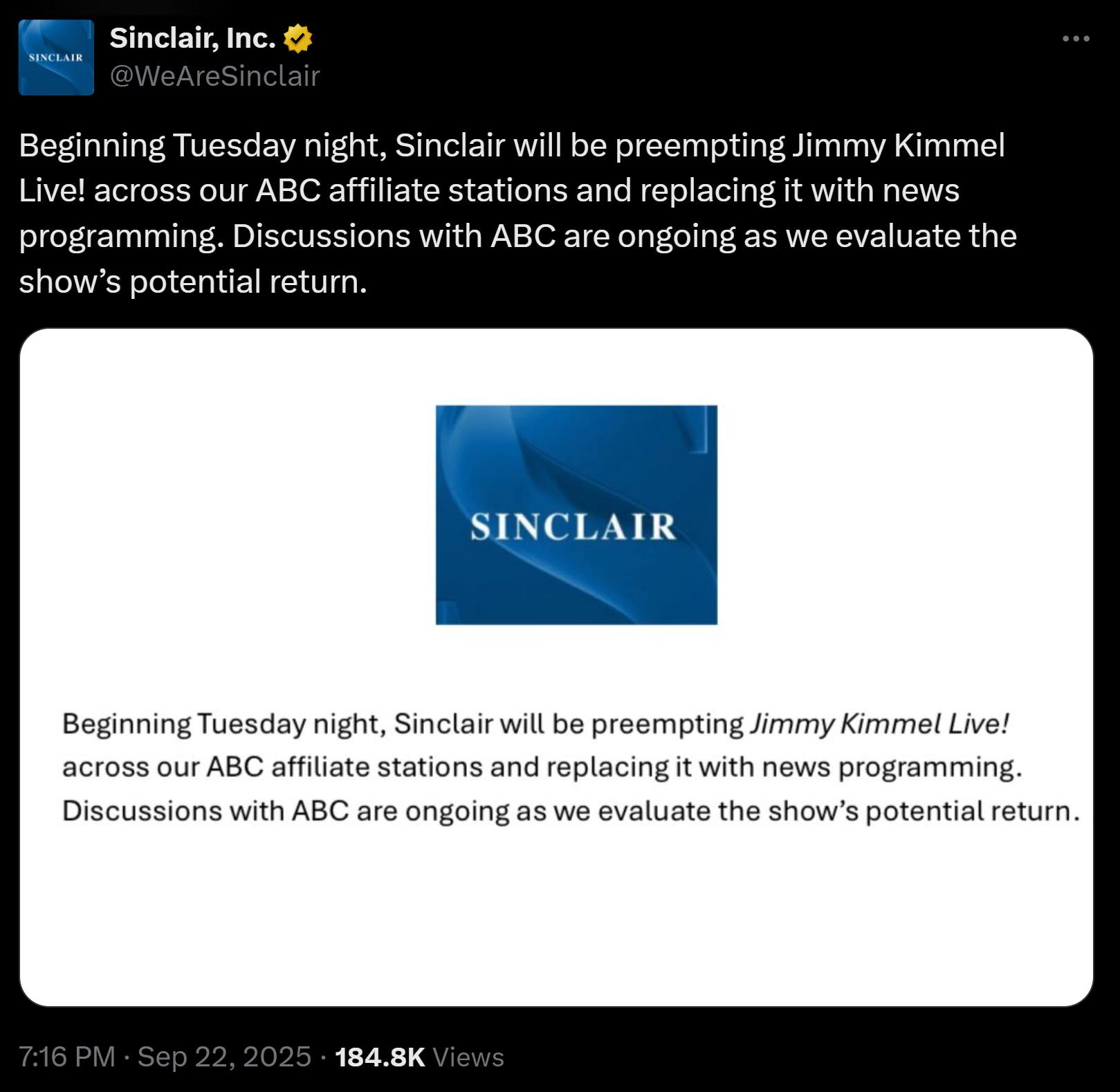 Snyder - BREAKING: Sinclair, the largest owner of ABC affiliates in the ...
