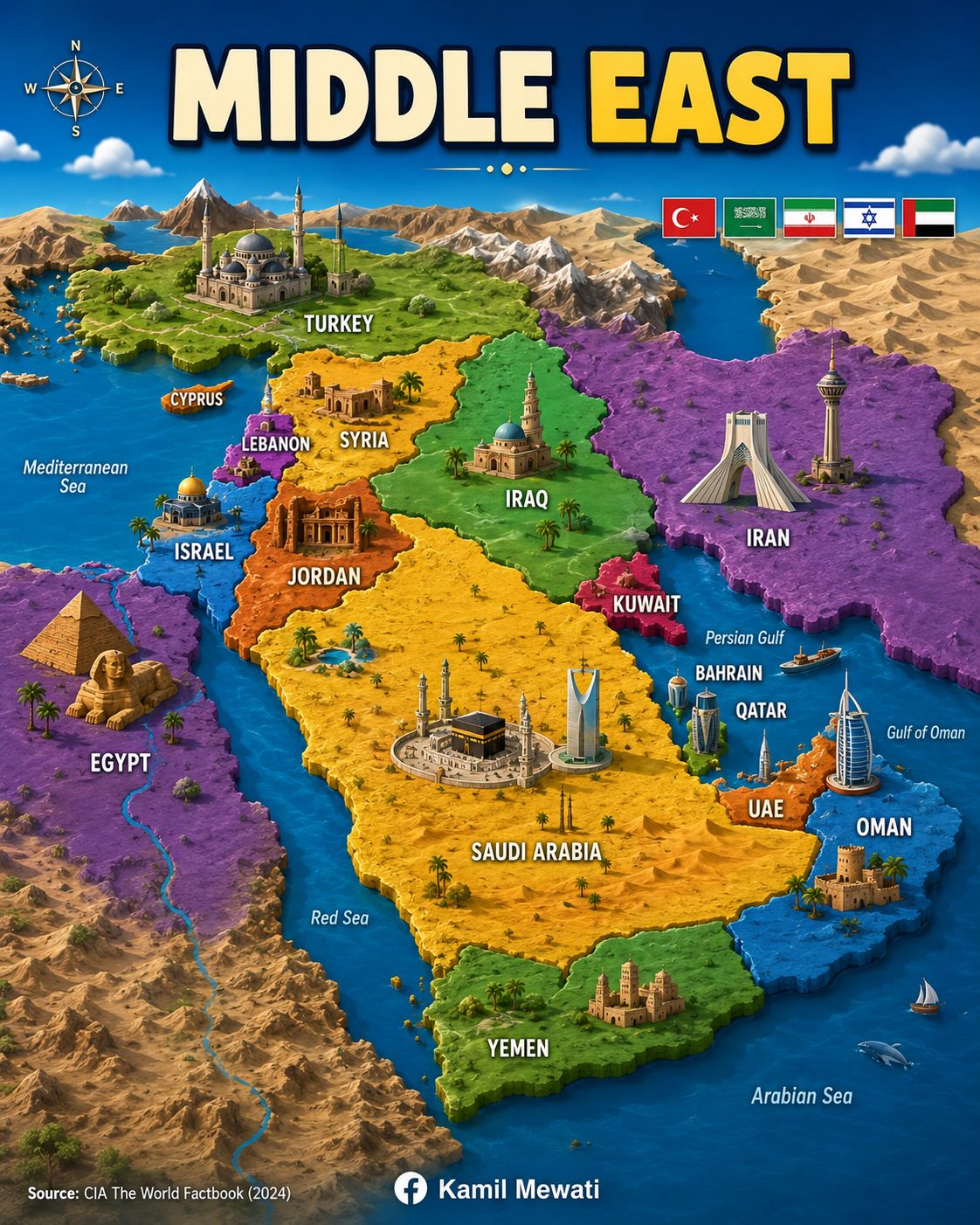 Political map of the Middle East, showing major countries and