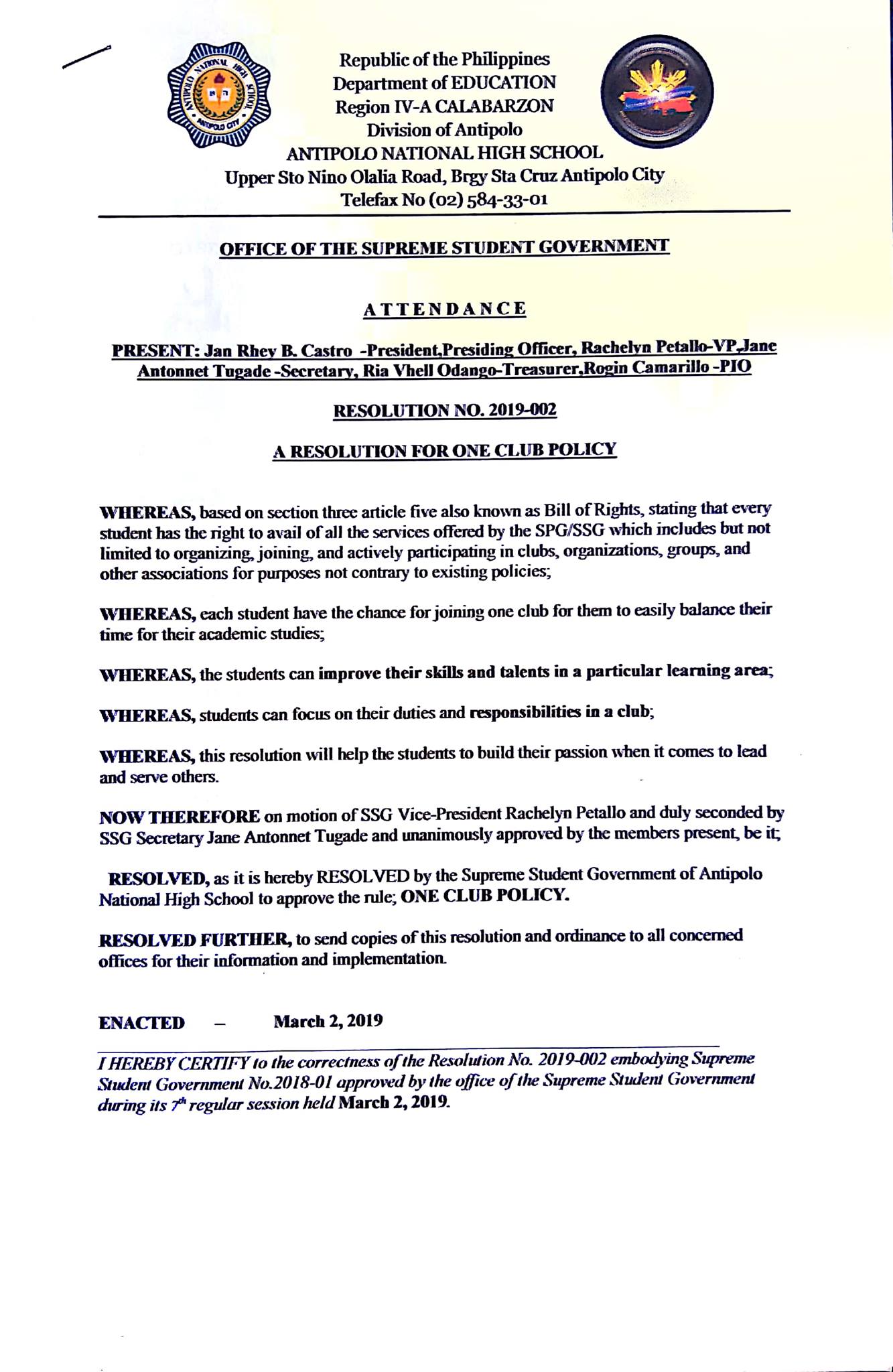 SSG Resolution 2019-002 also known as ONE CLUB POLICY FOR CLUB ...