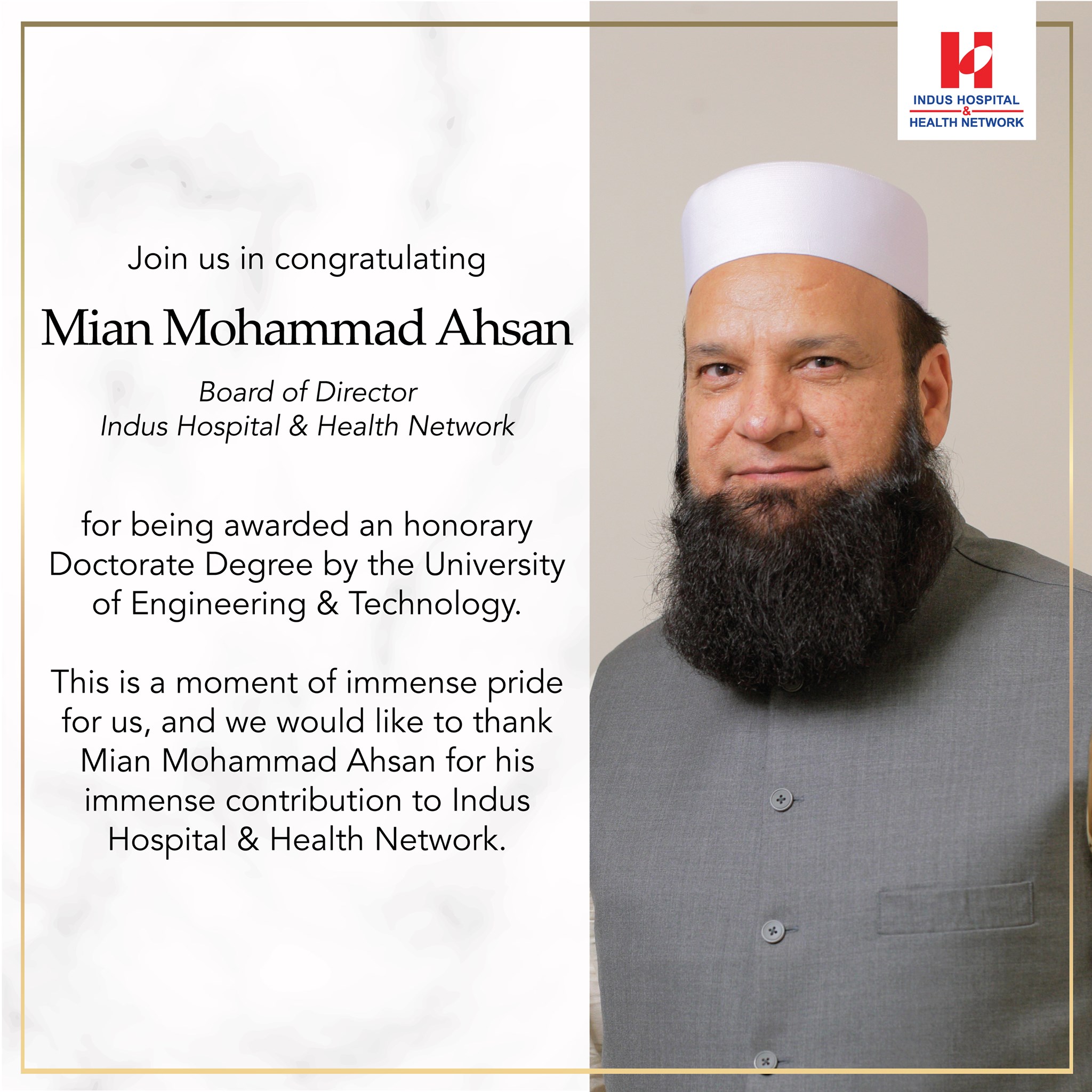 In appreciation of his outstanding contribution to Pakistan's business ...