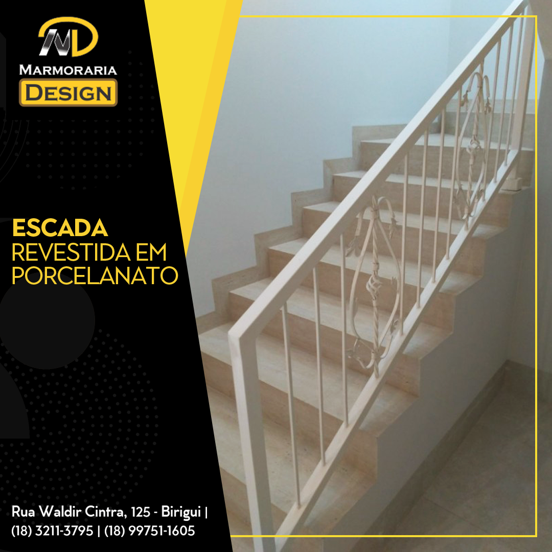 A escada revestida em porcelanato traz... - Marmoraria Design