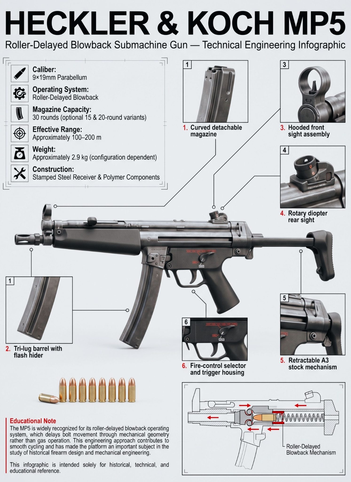 The MP5 is notable for its roller-delayed blowback operating 