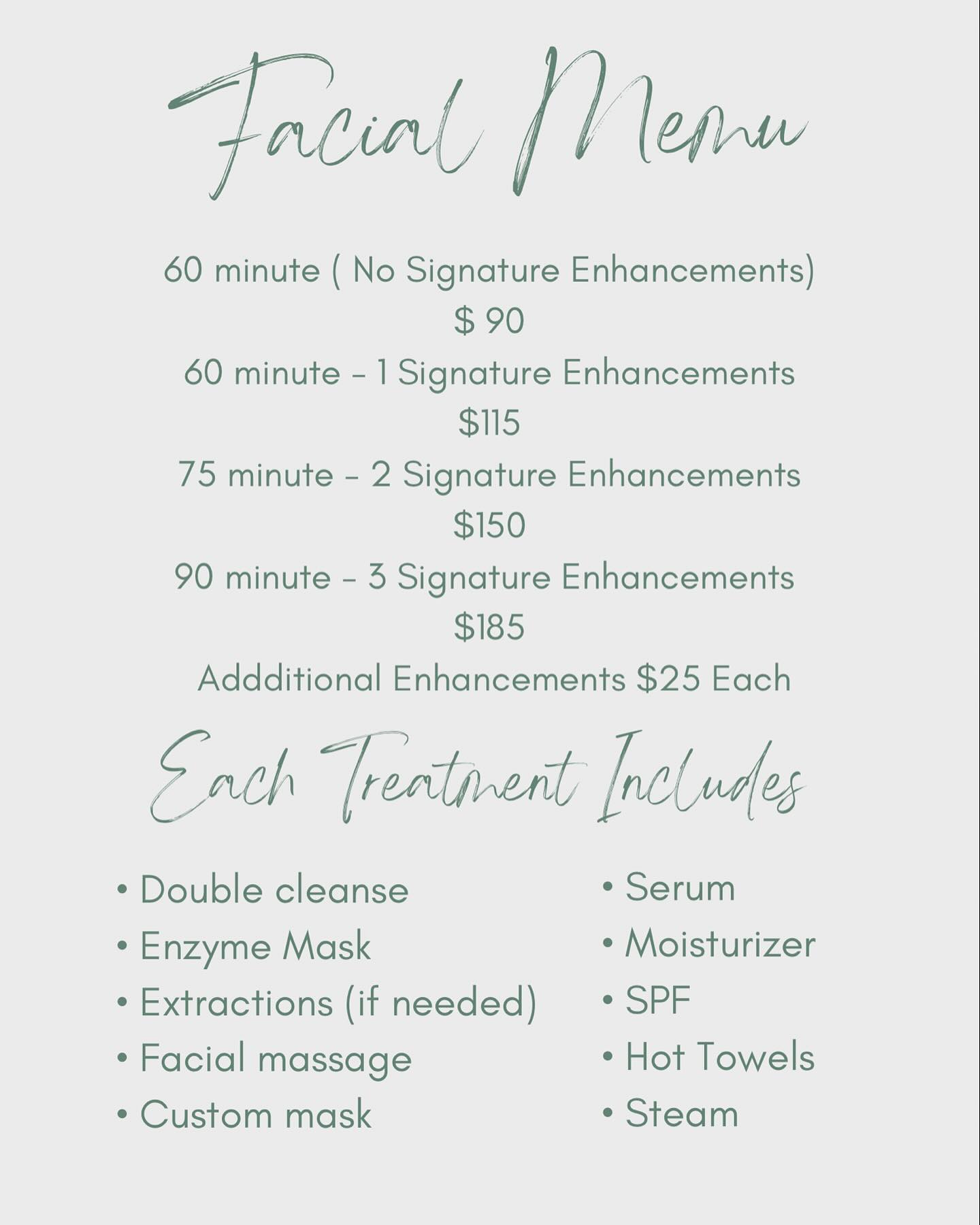 Updated service menu! Each facial is... - The Alcove Skin Bar