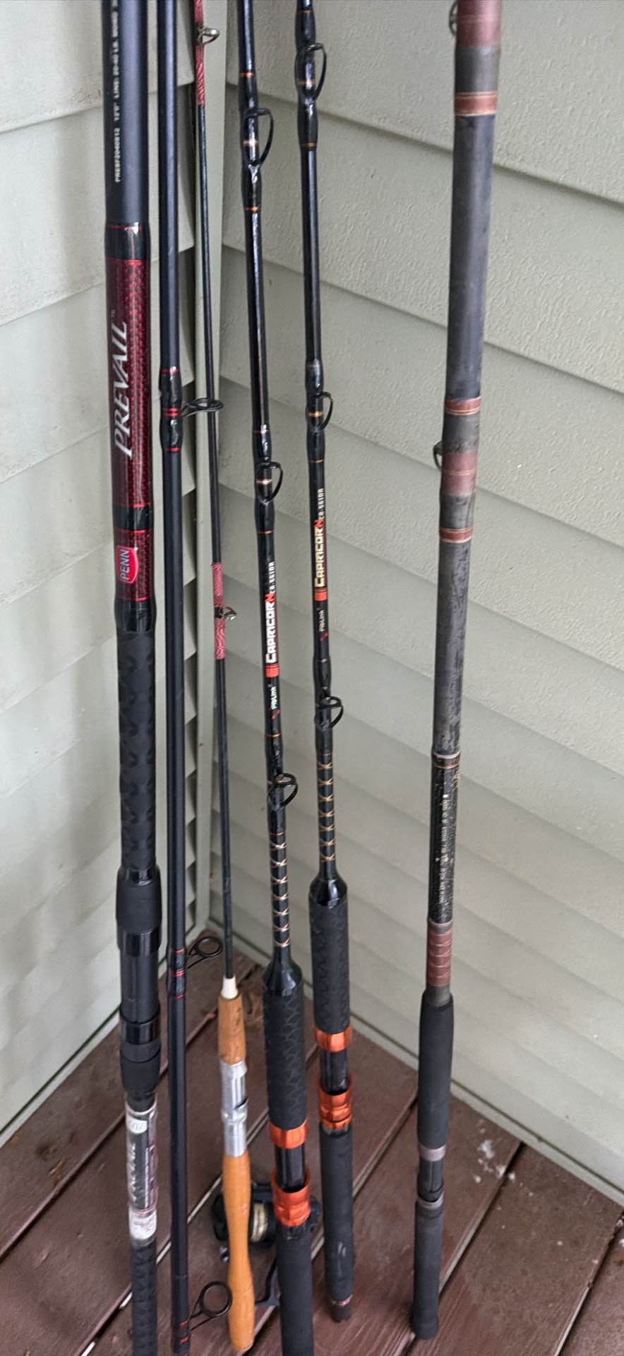 Durable collection of fishing rods includes a Penn Prevail surf