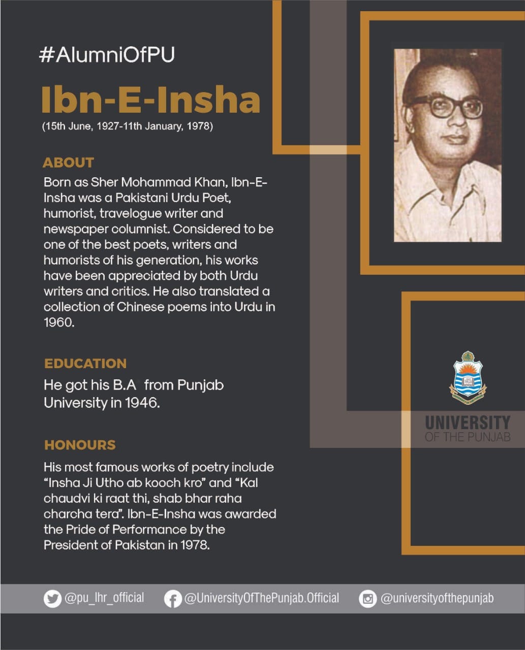 University of the Punjab - Ibn-E-Insha (15th June, 1927-11th January ...