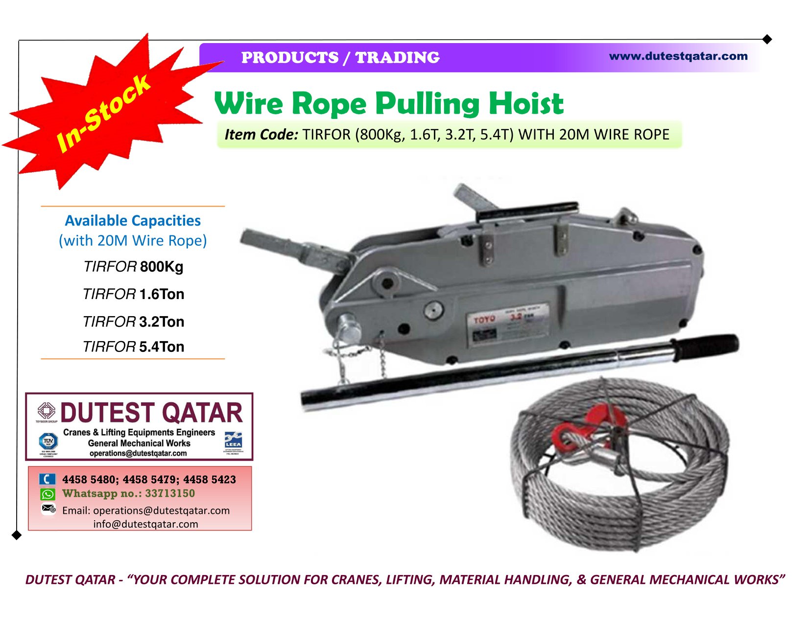 Dutest Qatar - In stock: WIRE ROPE PULLING HOIST (TIRFOR... | Facebook