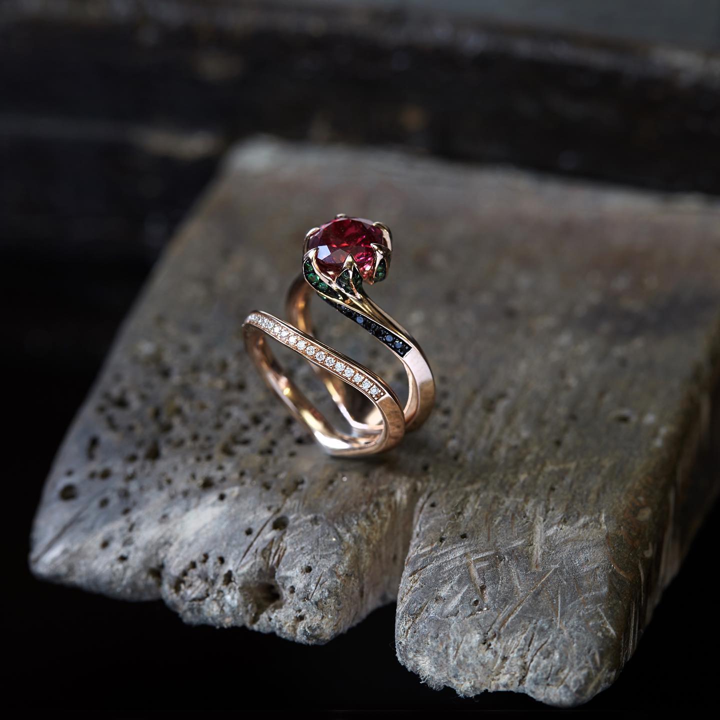 Tomasz - Our Rubellite Lily pad ring Inspired by the Garden of Good and Evil theforgottengarden beautyandthebeast bespokeengagementring tomaszdonocik rubellite unconventionalwedding weddingrings