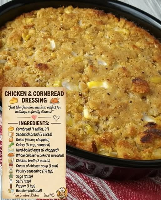 Chicken and cornbread dressing. Just like Grandma made it, perfect for holidays or family dinners. Boil 1 whole chicken, shred it, and save the broth. Cook ¾ cup chopped celery and ¾