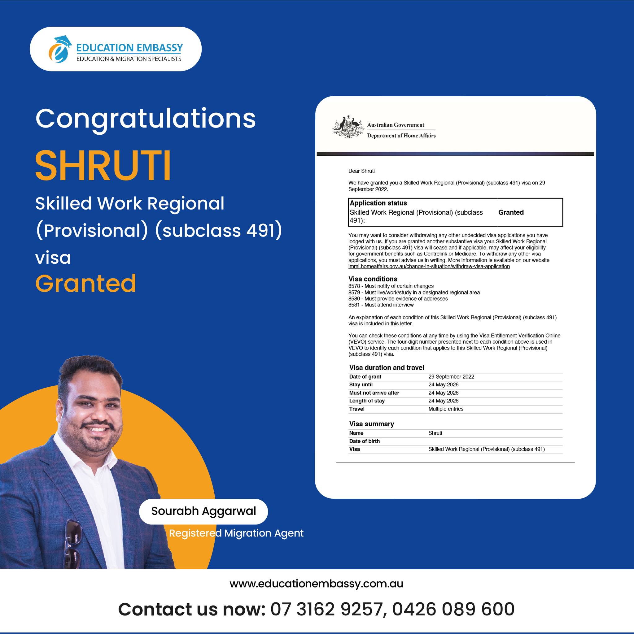 Congratulations to SHRUTI on getting... - Education Embassy