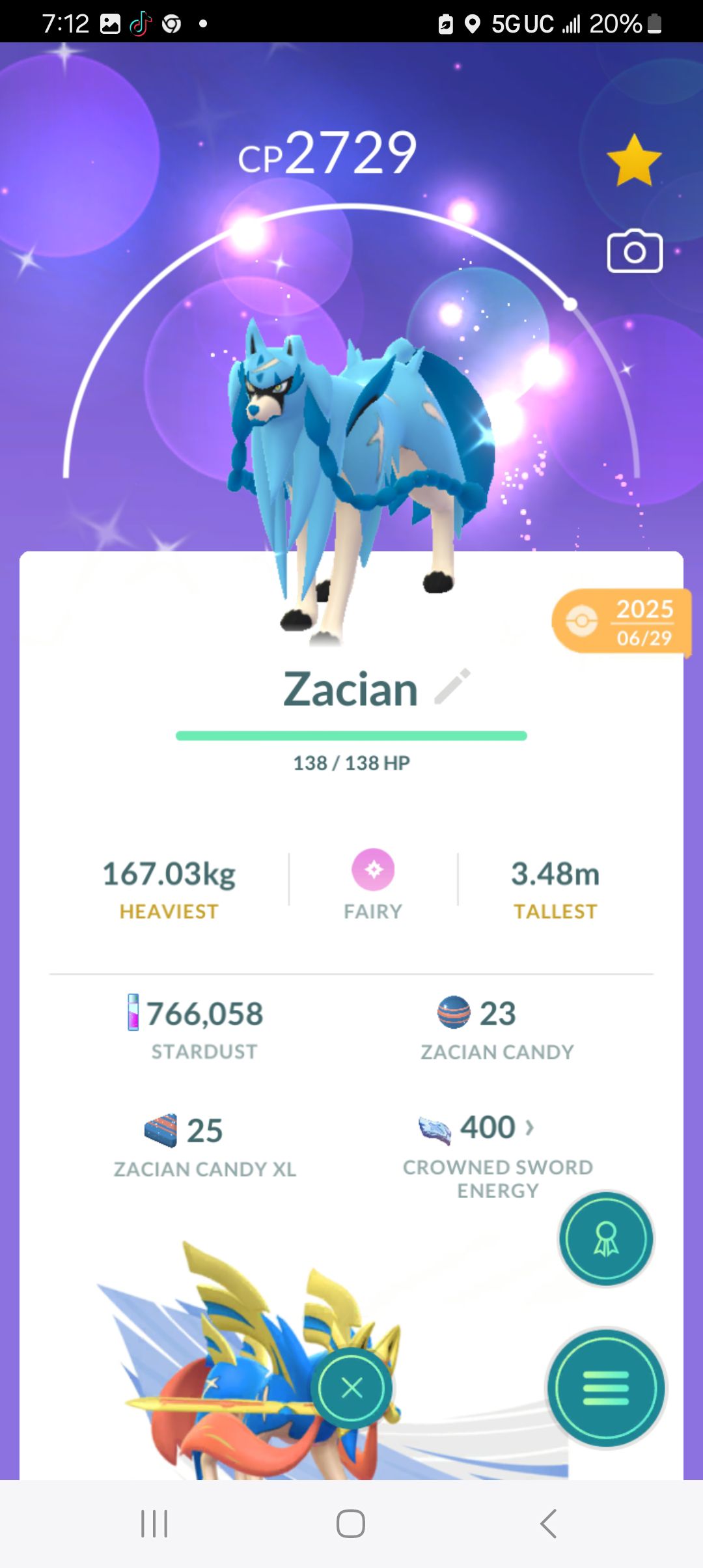 413207292470 7:12 C 5GUC 20% CP2729 2025 06/29 Zacian 138 138