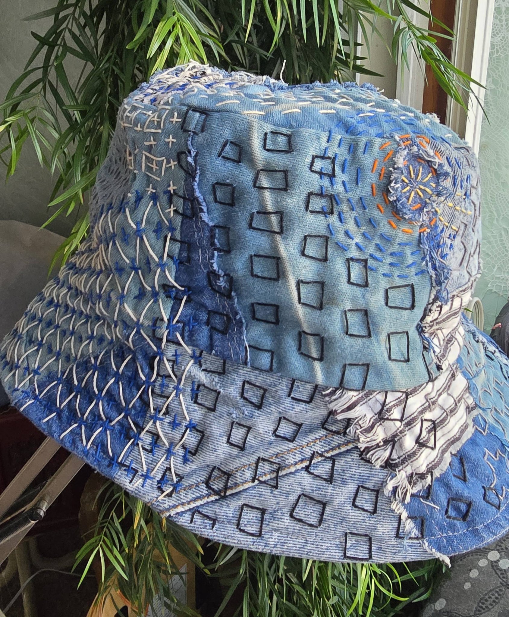 Boro inspired bucket hat with sashiko stitching
