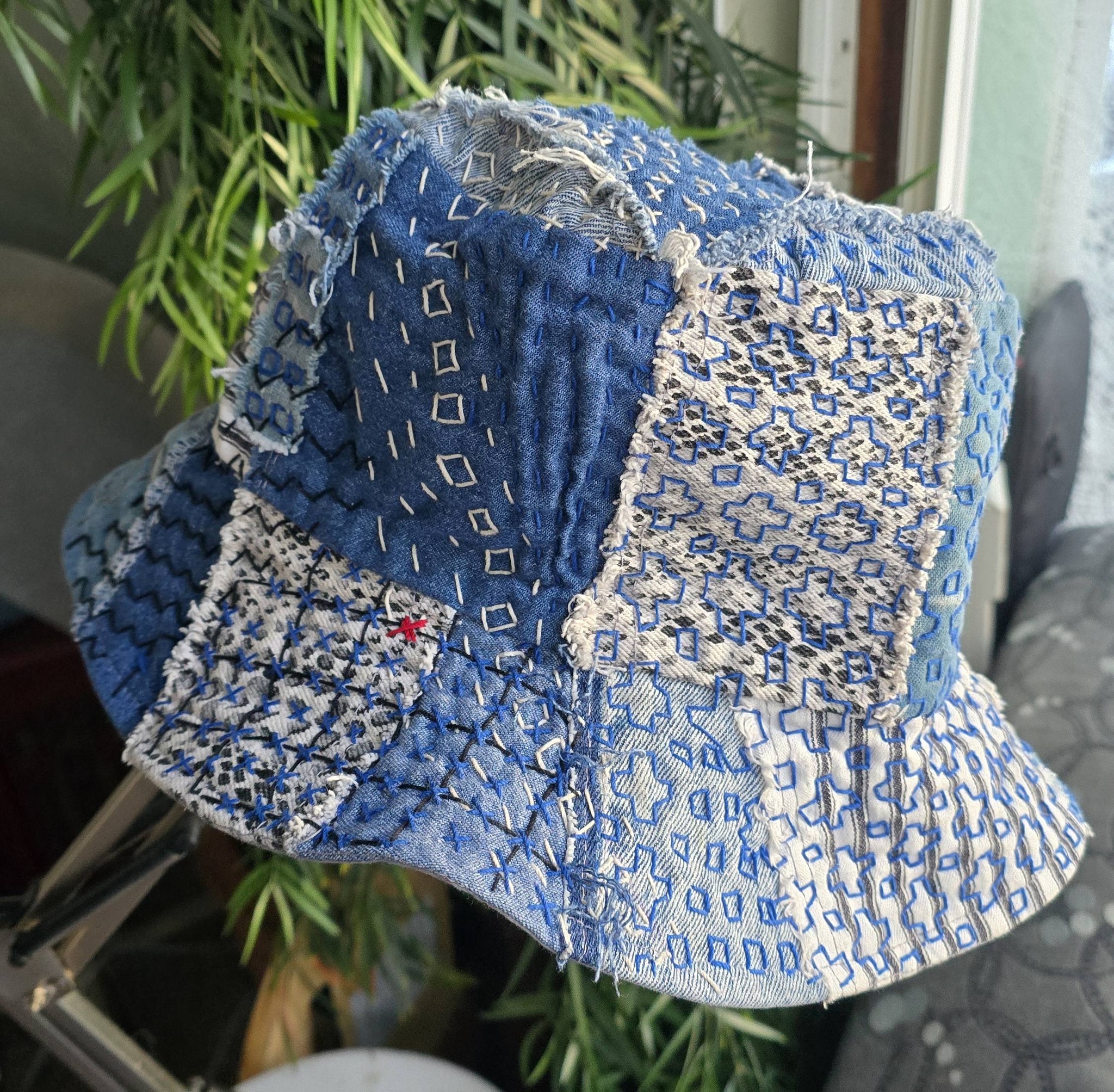 Boro inspired bucket hat with sashiko stitching