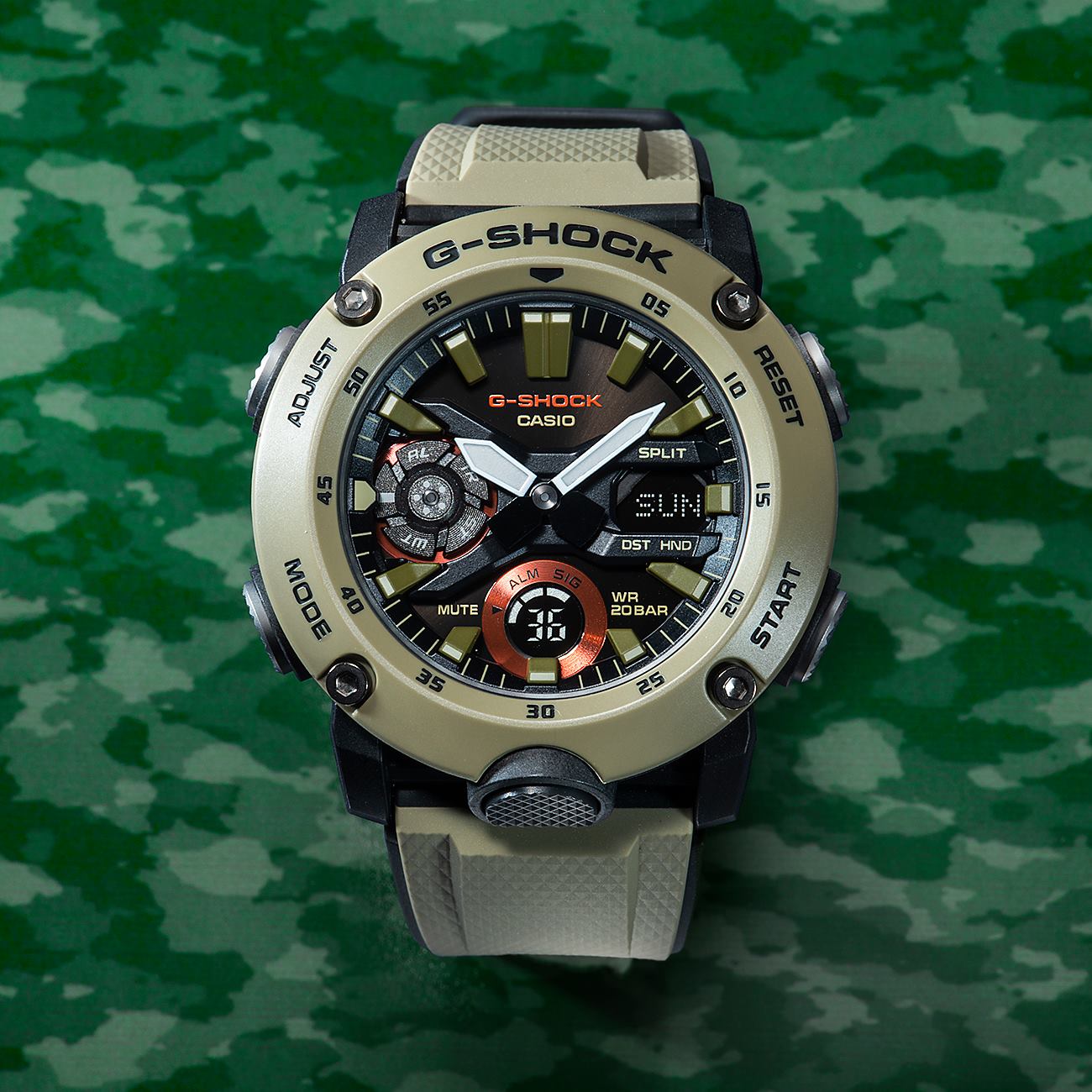 CASIO G-SHOCK GA-2000-3AJF カーボンコアガード カーキ 新たな耐衝撃構造「カーボンコアガード構造」を採用した「GA-2000