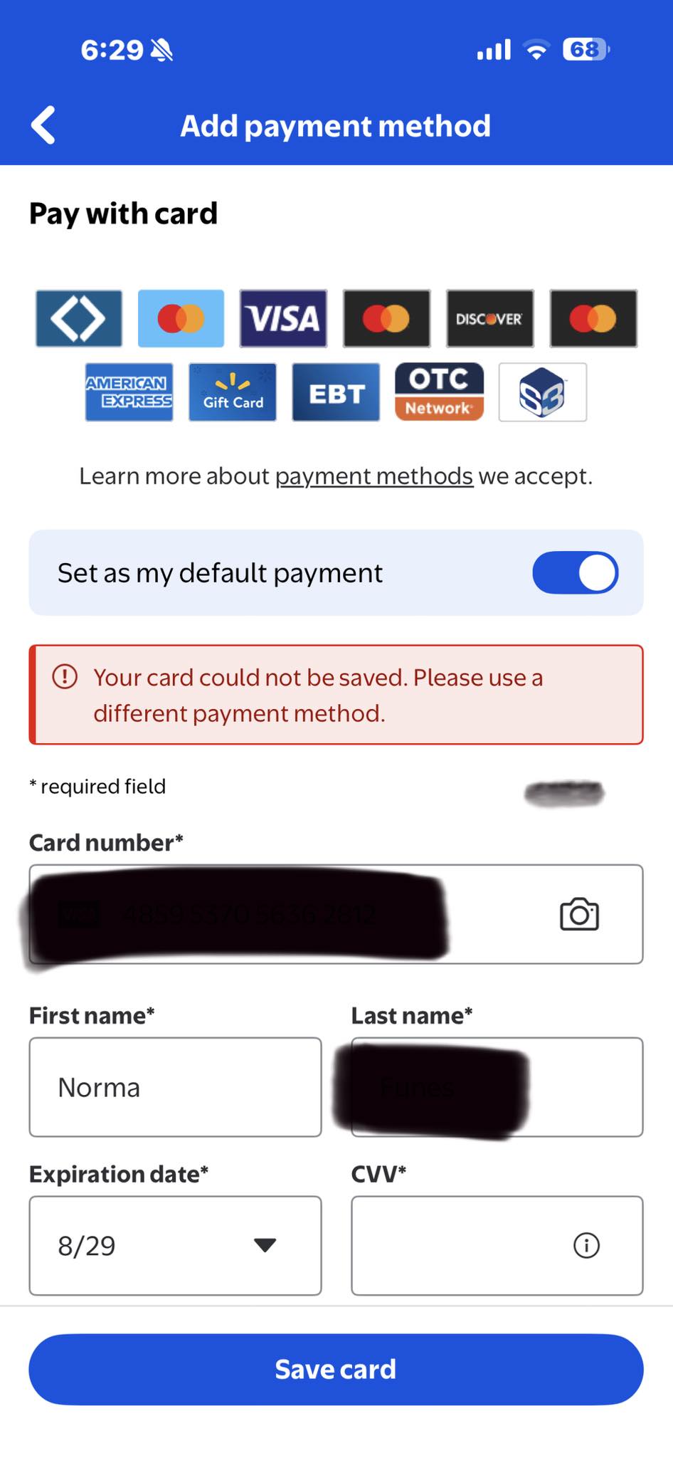 Why can't I add a payment method with my card?