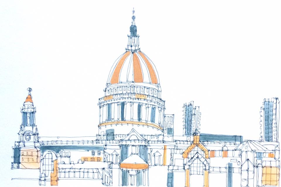 Ruth Allen - New London image, line drawing with watercolour