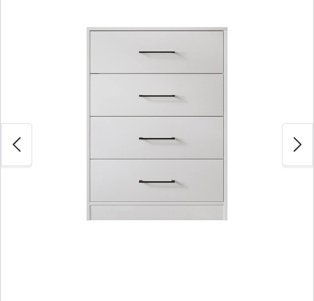 White Mainstays Ardent 4 drawer dresser is constructed from wood composite with a smooth finish. It has four drawers with black metal handles and includes the original assembly instructions and hardware. Estimated (