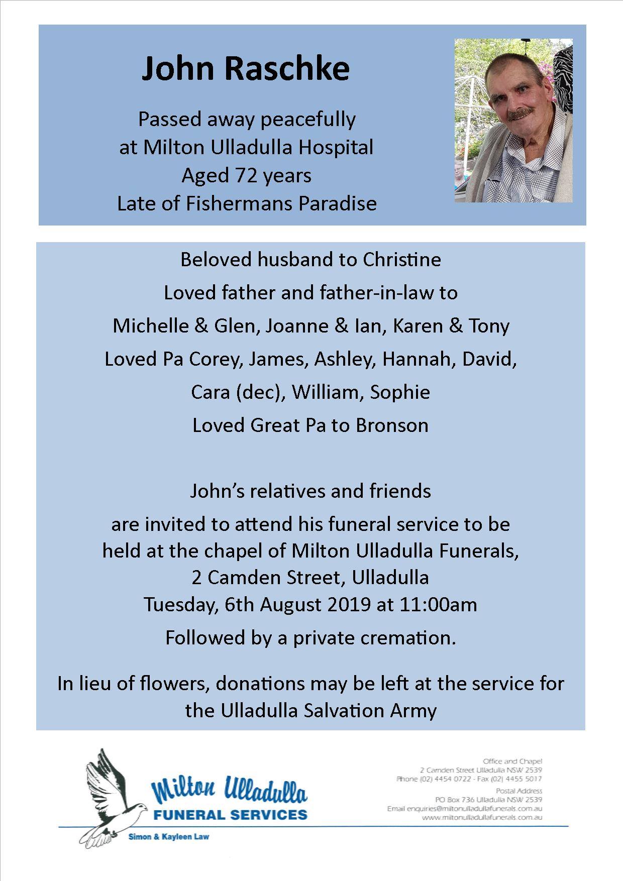 Milton - Funeral details for the late John Raschke | Facebook