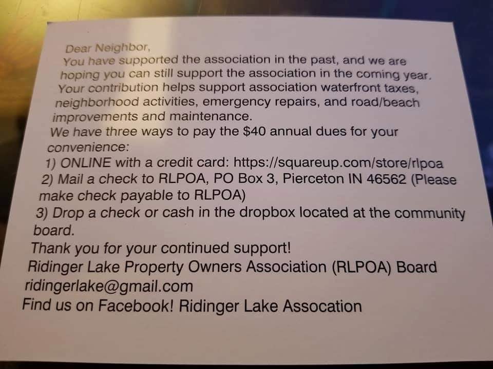 Ridinger Lake Property Owners Association | Pierceton IN