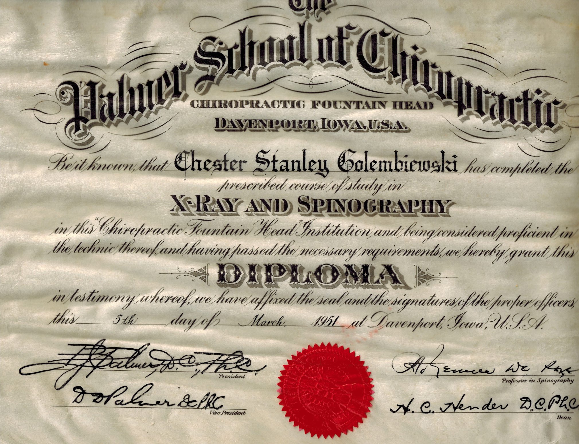 Historic PSC diploma with B.J. Palmer and P.A. Remier signatures